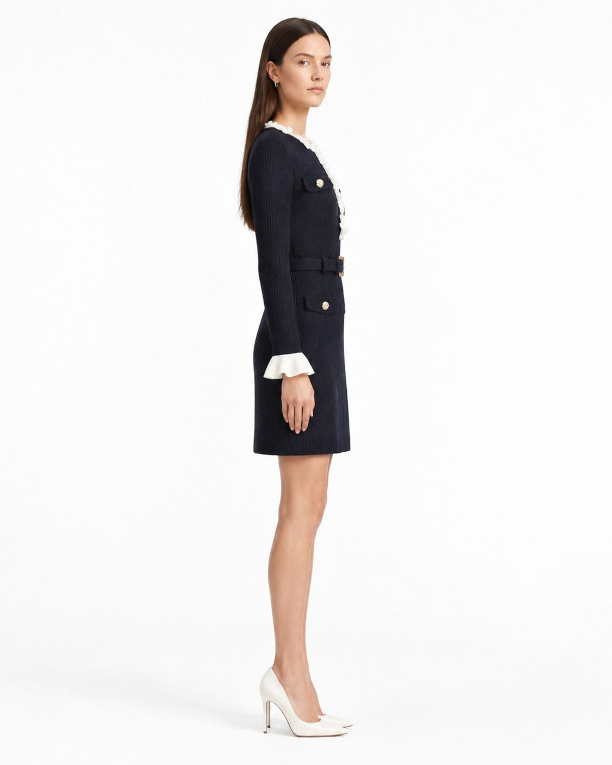 Kira Bell Sleeve Belted Acrylic Knit Mini Dress – Navy Blue – view 3