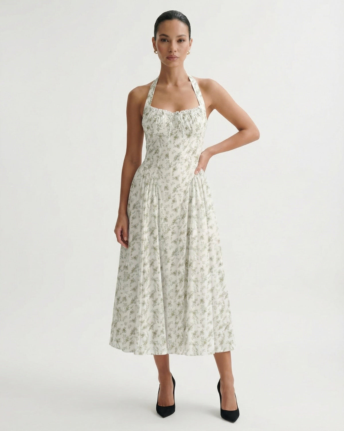 Santorini Halter Neck Contoured Stretch Dress – Green Leaves on White – view 5