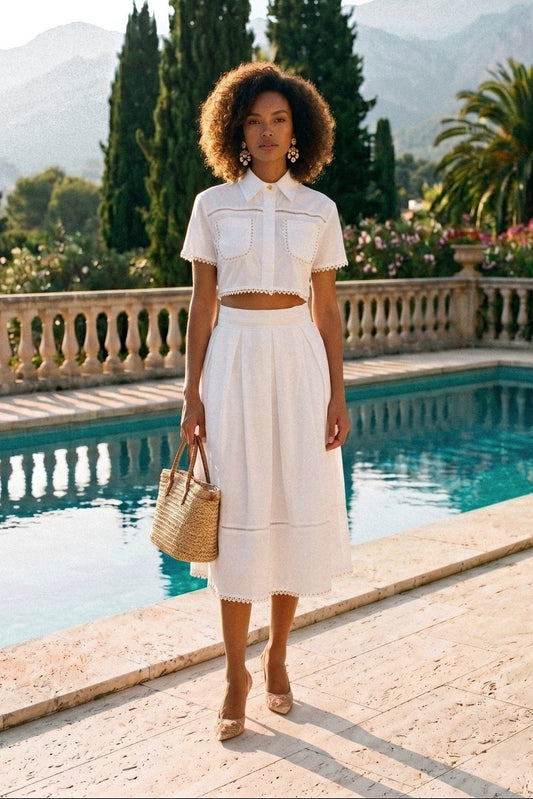 Broderie Trim Cropped Shirt and A-Line Midi Skirt Co-ord Set – White