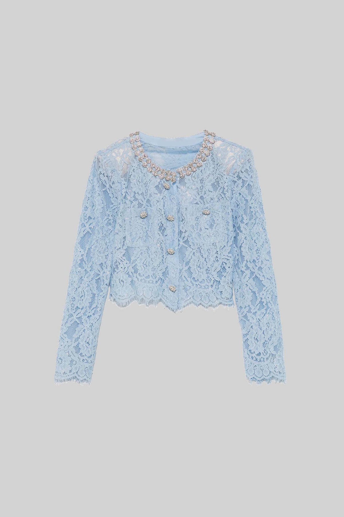 Long Sleeve Lace Top and Midi Skirt Co-ord with Sparkling Neckline – Blue – view 13
