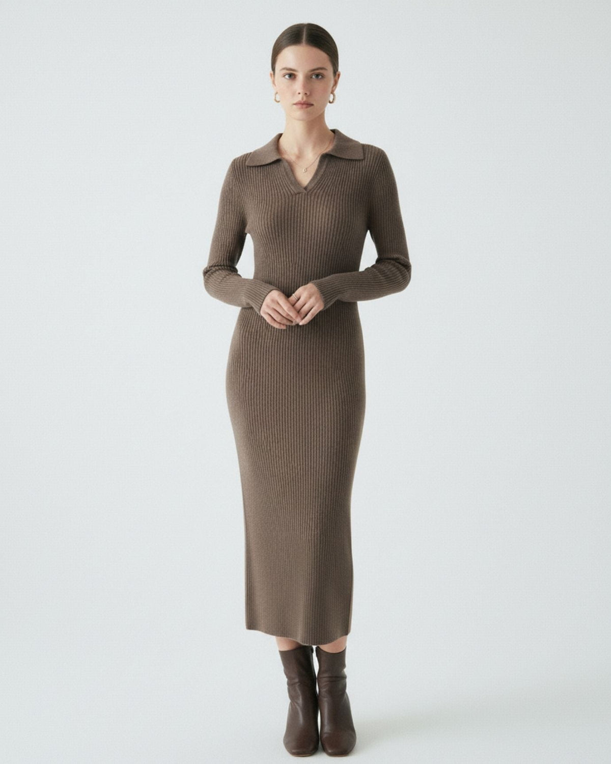 Long Sleeve Polo Collar Wool Dress with Tailored Silhouette – view 2