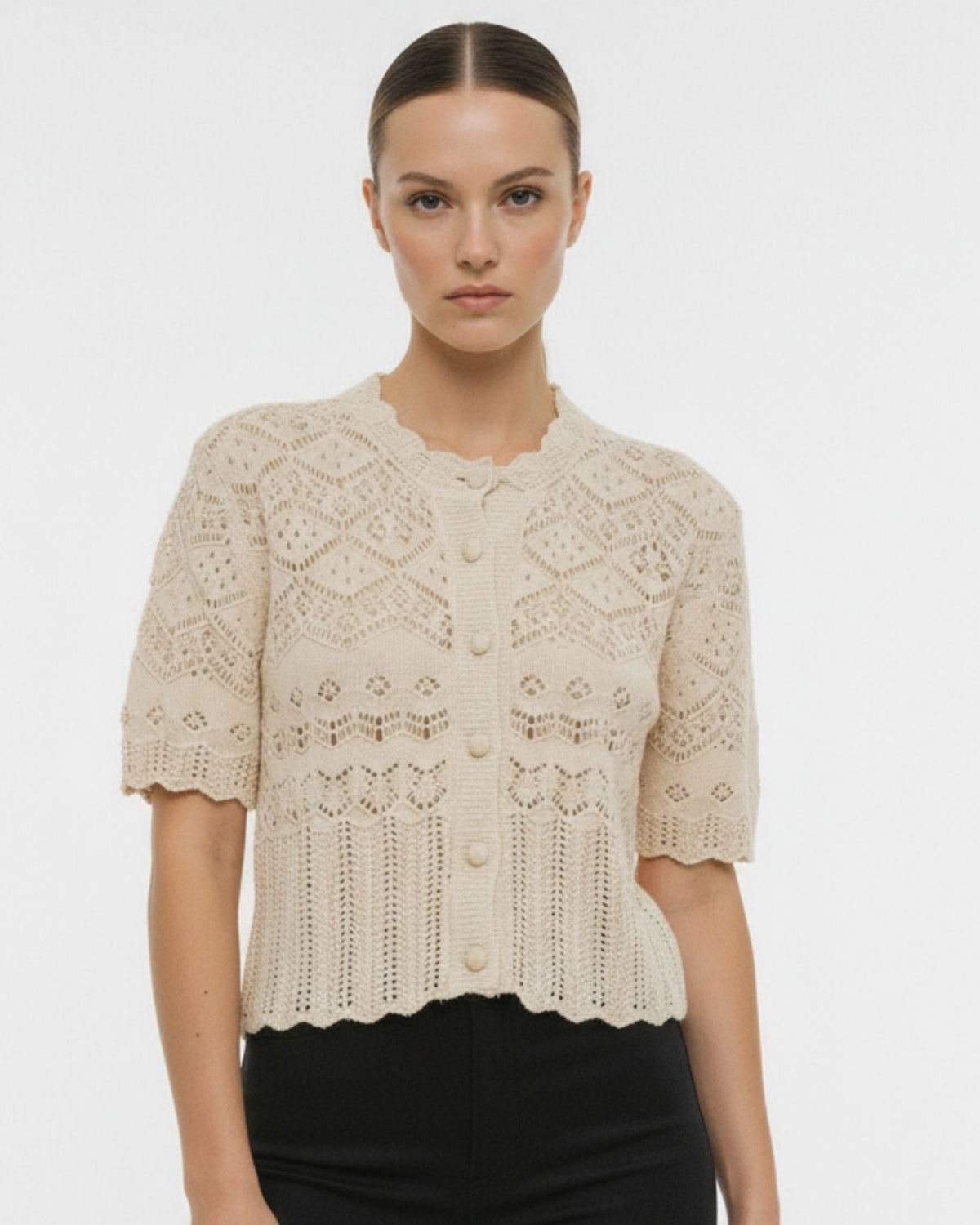 Aurora Sheer Jacquard Mesh Crew Neck T-Shirt – Khaki – view 8