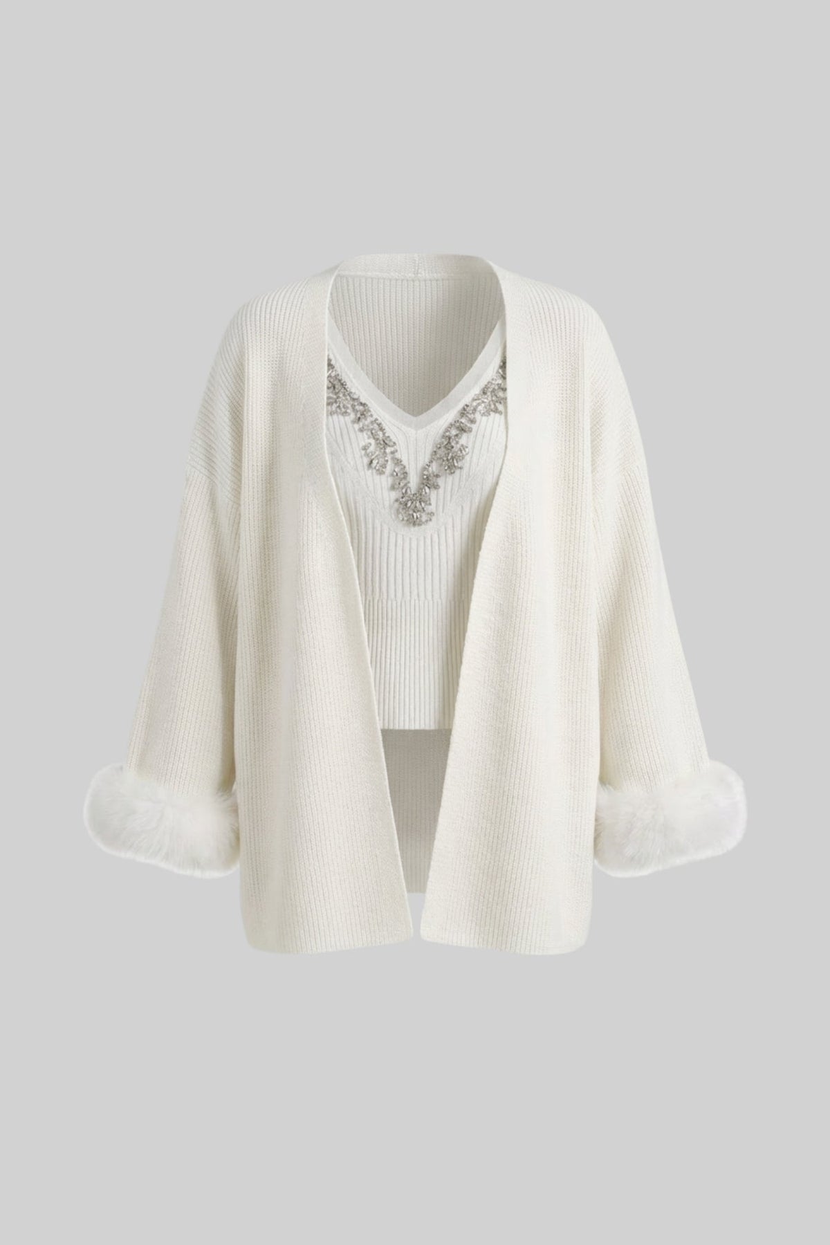 Crystal Knit Camisole and Longline Cardigan Set with Feather Cuffs – White – view 2