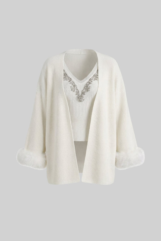 Crystal Knit Camisole and Longline Cardigan Set with Feather Cuffs – White – view 2