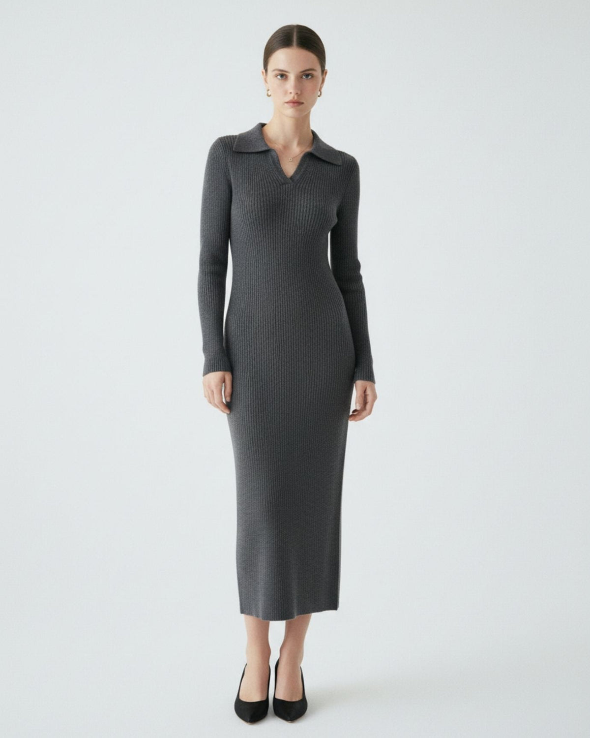 Long Sleeve Polo Collar Wool Dress with Tailored Silhouette – view 6