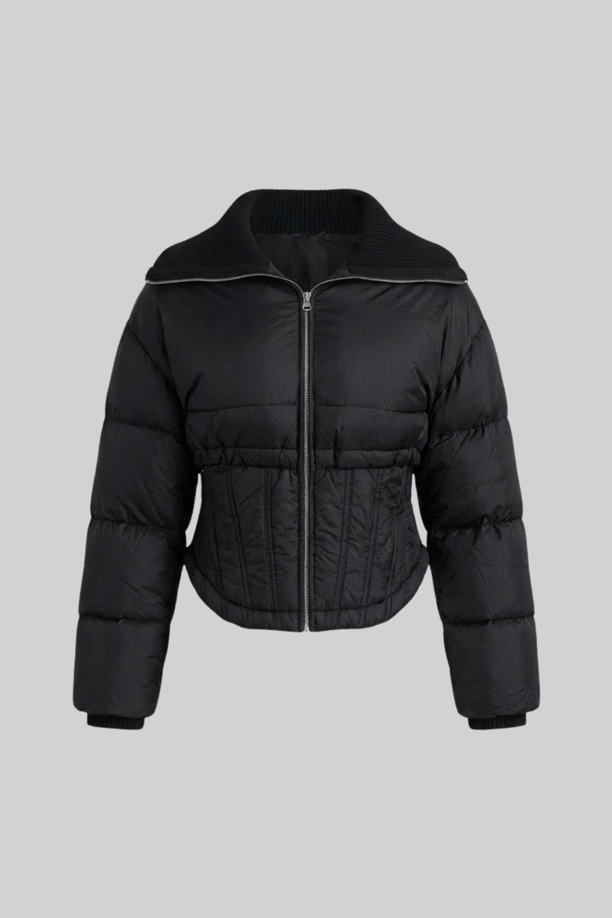 Cropped Puffer Jacket with Corset Waist and Stand Collar – Black – view 2