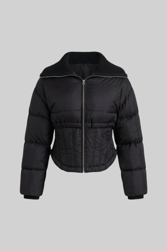 Cropped Puffer Jacket with Corset Waist and Stand Collar – Black – view 2