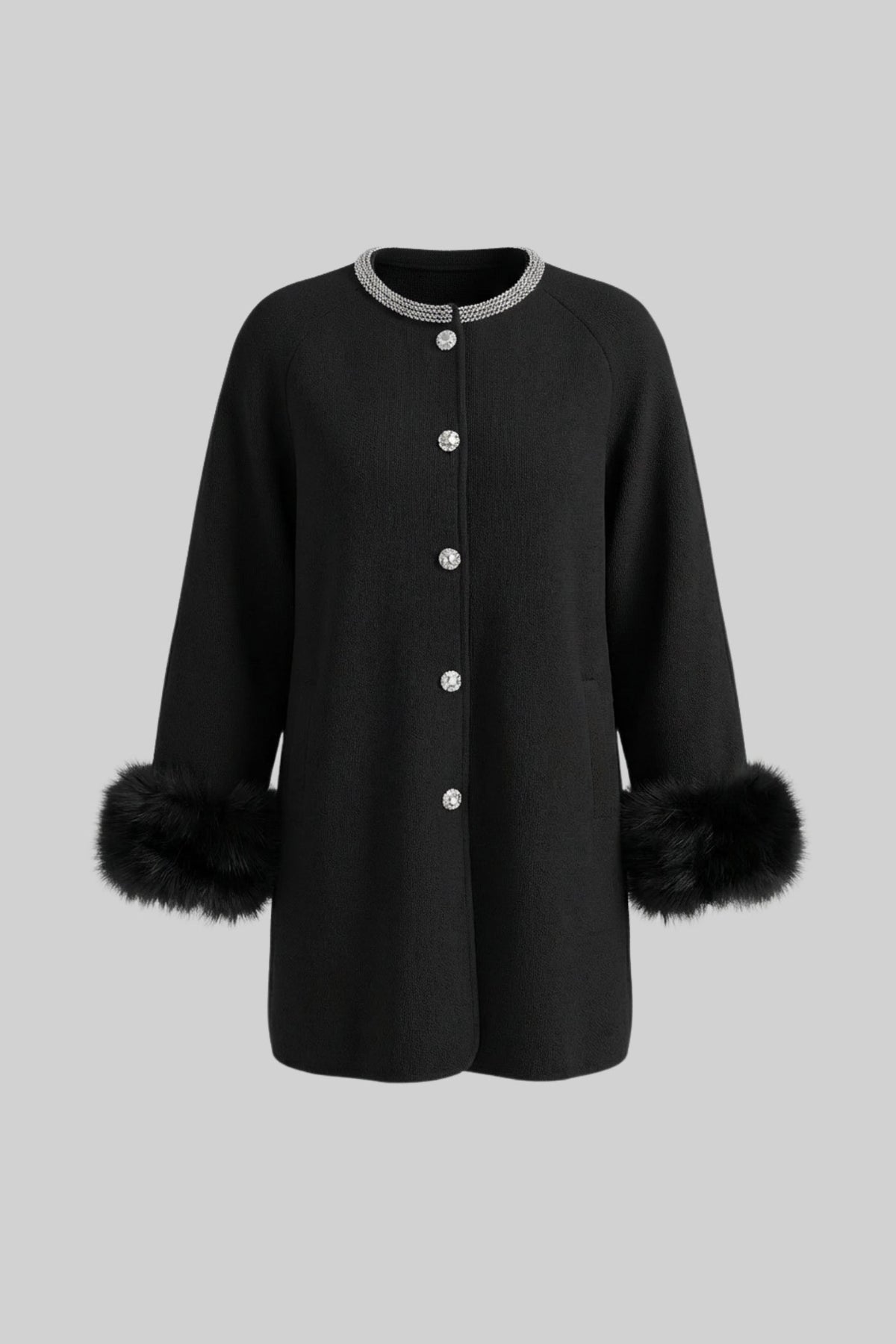 Longline Coat with Pearl Embellished Neckline and Faux Fur Cuffs – Black
