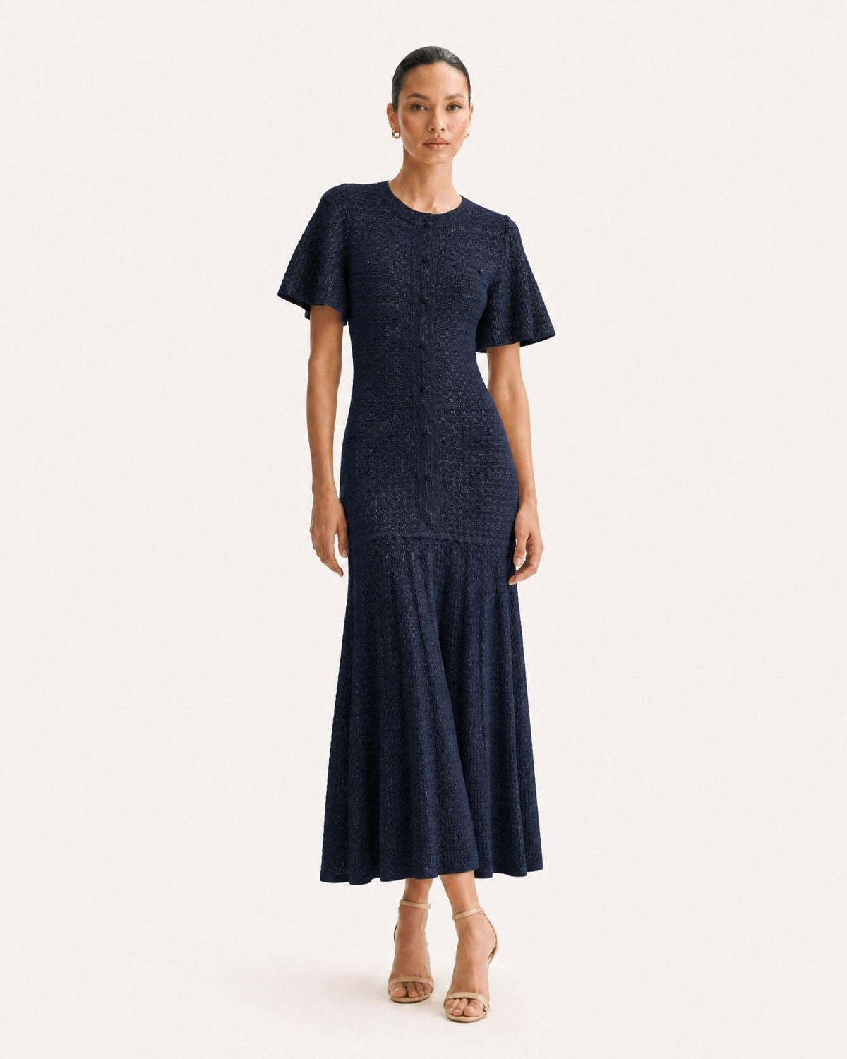 Anna Rhinestone Embellished Short Sleeve Round Neck Knit Midi Dress – view 7