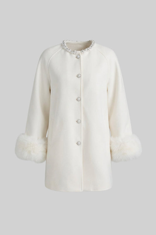 Longline Coat with Pearl Embellished Neckline and Faux Fur Cuffs – White