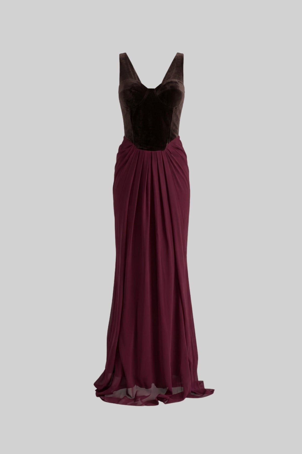 Velvet Corset Bodice Maxi Dress with Flowing Chiffon Skirt – Burgundy