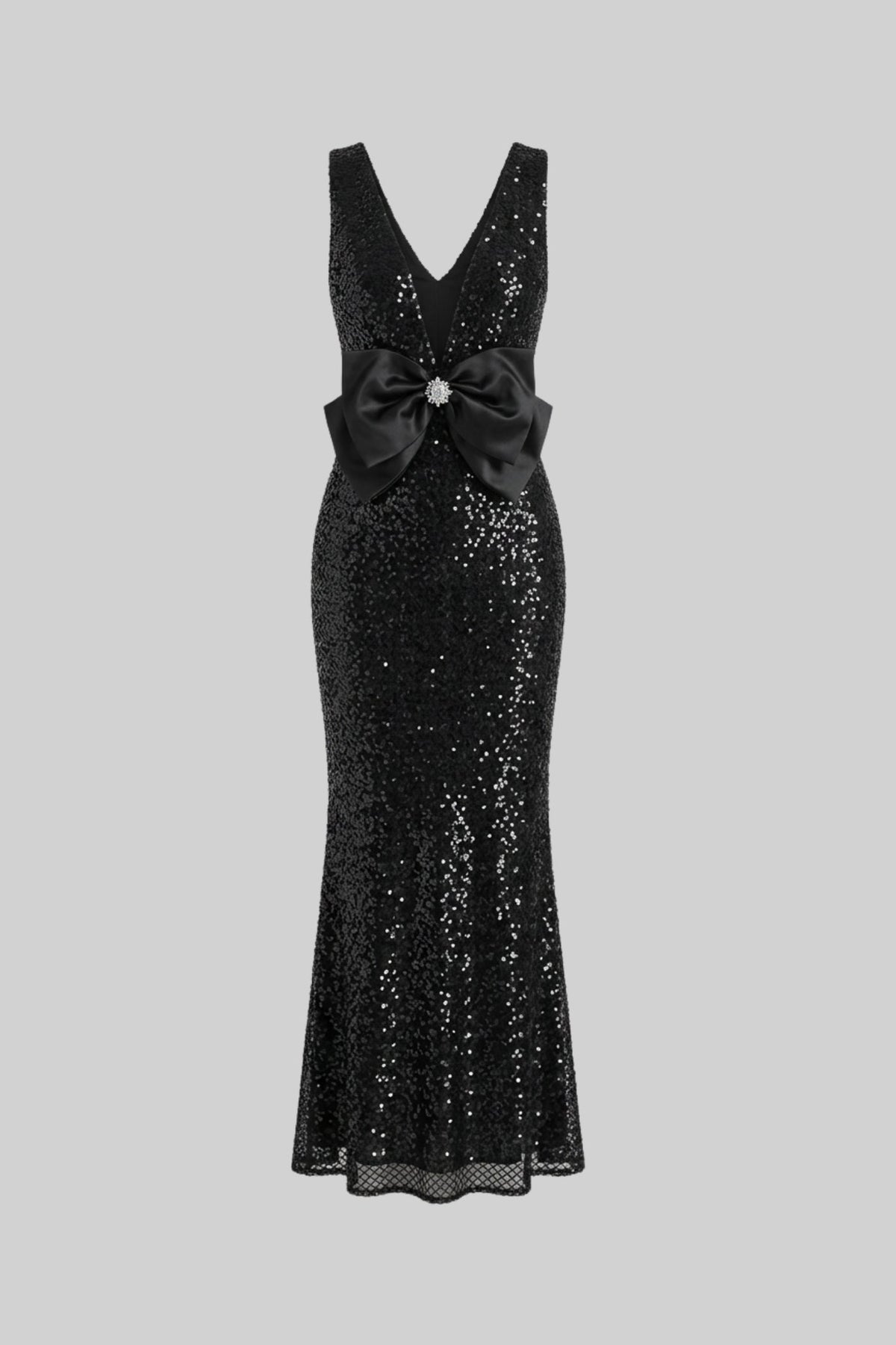 Sequin Plunge V-Neck Maxi Dress with Satin Bow Waist – Black – view 2