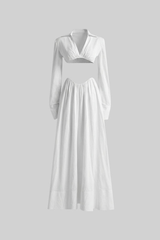 Cropped Deep V Long Sleeve Top and A-Line Maxi Skirt Co-ord Set – White