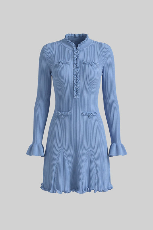 Long Sleeve Ribbed Knit Mini Dress with Beaded Trim and Scalloped Hem – Blue – view 2