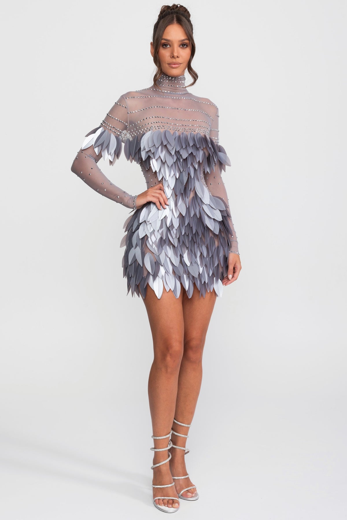 Sheer Mesh Feather-Panel Mini Dress with Crystal Mock Neck – Grey – view 2