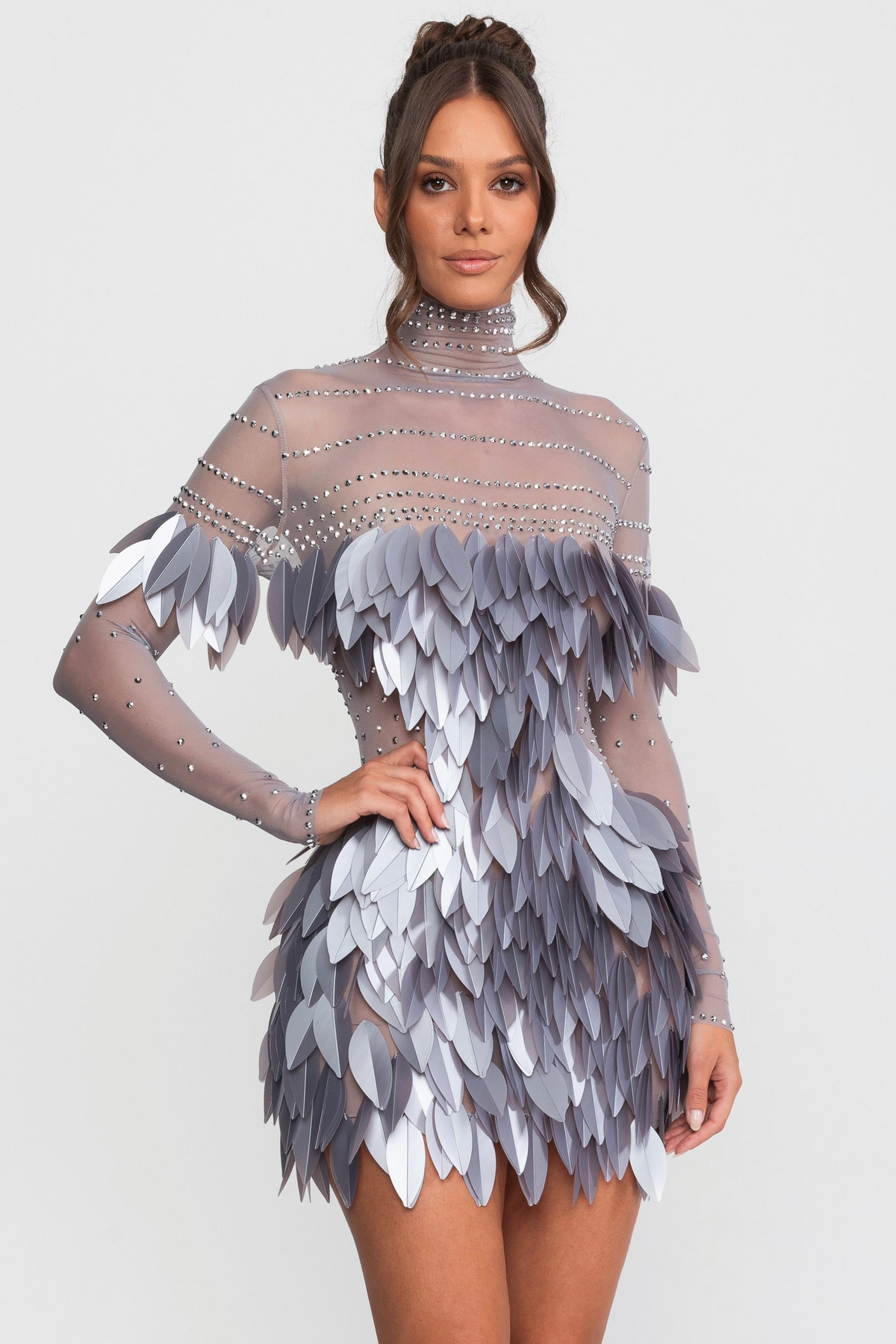 Sheer Mesh Feather-Panel Mini Dress with Crystal Mock Neck – Grey