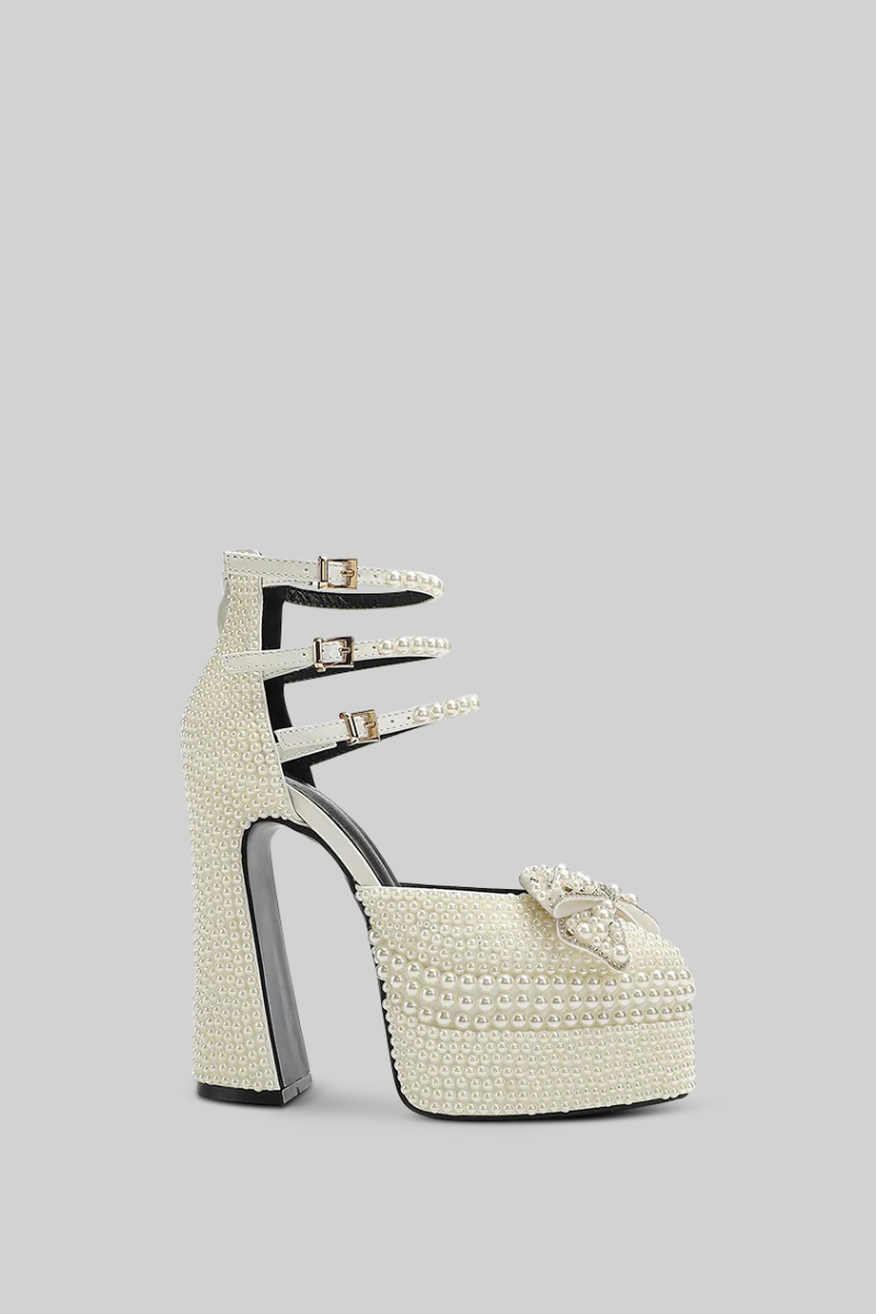 Pearl Embellished Platform Pumps with Gold Ankle Straps – White