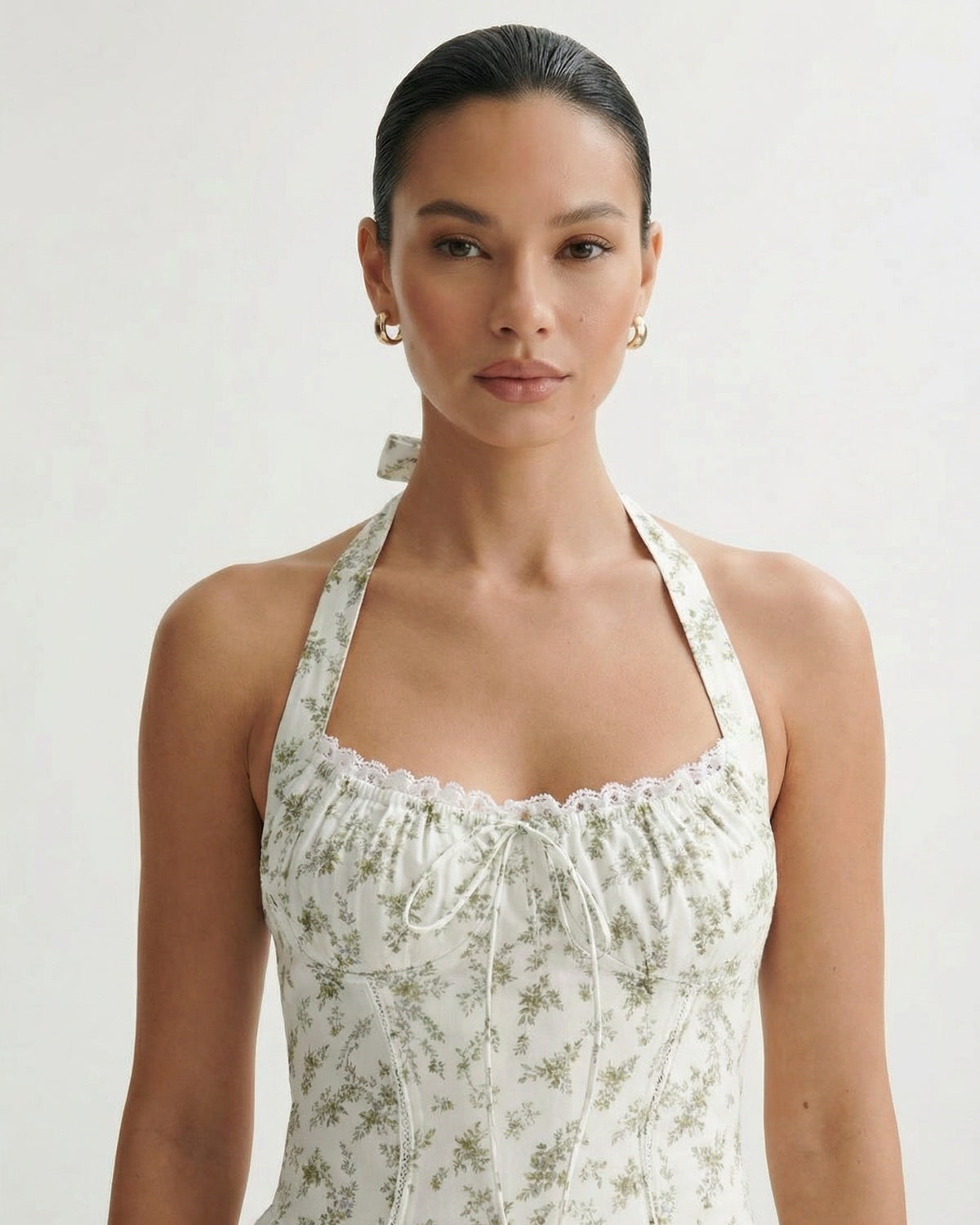 Santorini Halter Neck Contoured Stretch Dress – Green Leaves on White – view 4