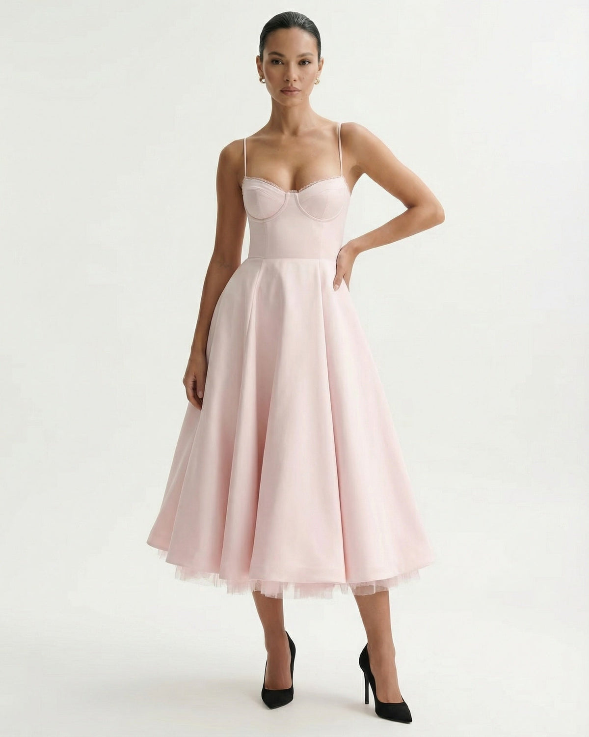 Giulia Duchess Satin Midi Dress with Tulle Underskirt – Pink – view 6