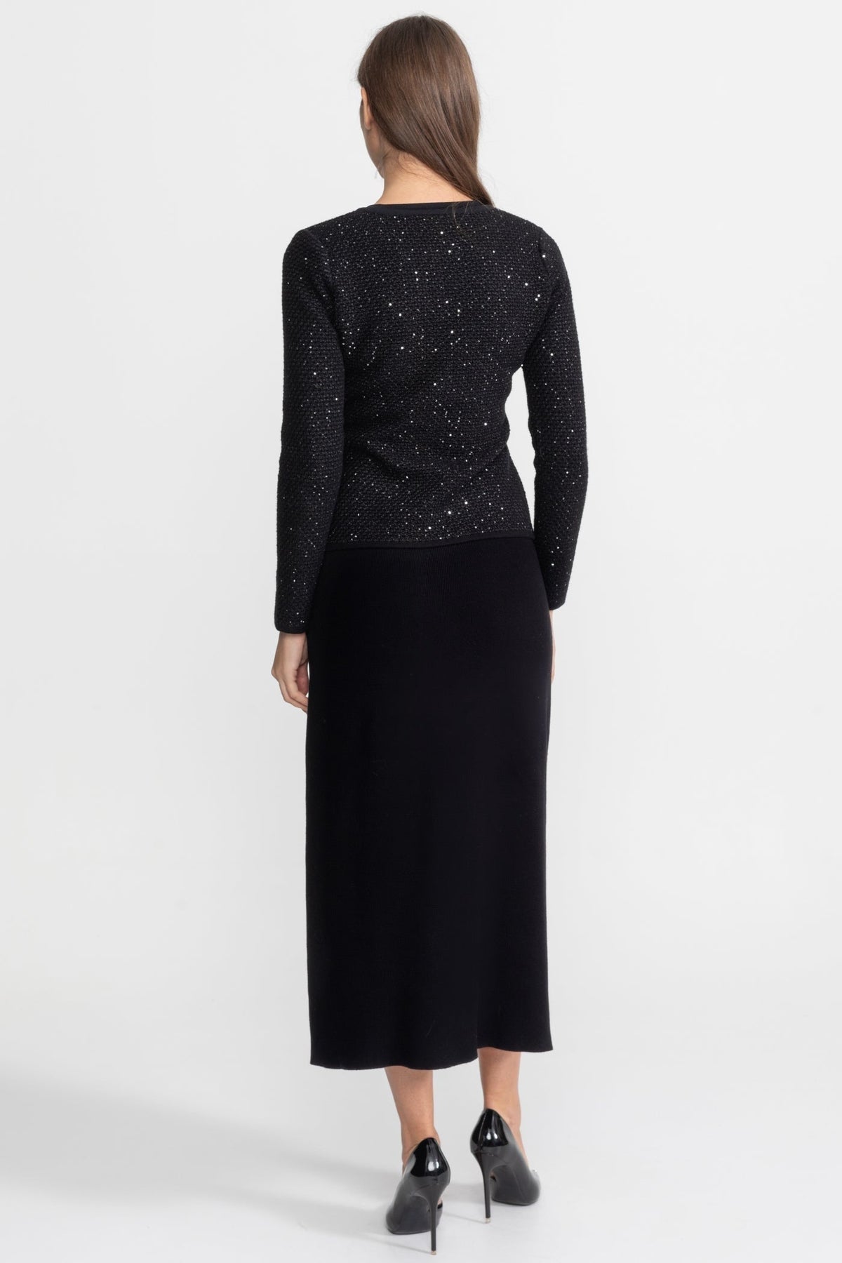 Embellished Tweed Cropped Jacket and A-Line Midi Skirt Set with Bows – Black