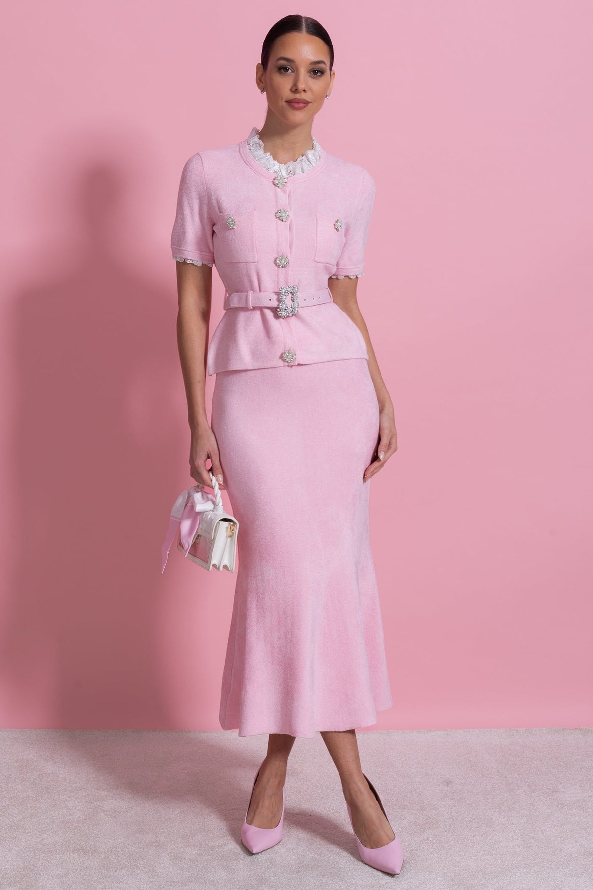 Peplum Knit Top and Fluted Midi Skirt Set with Crystal Belt – Blush Pink – view 5