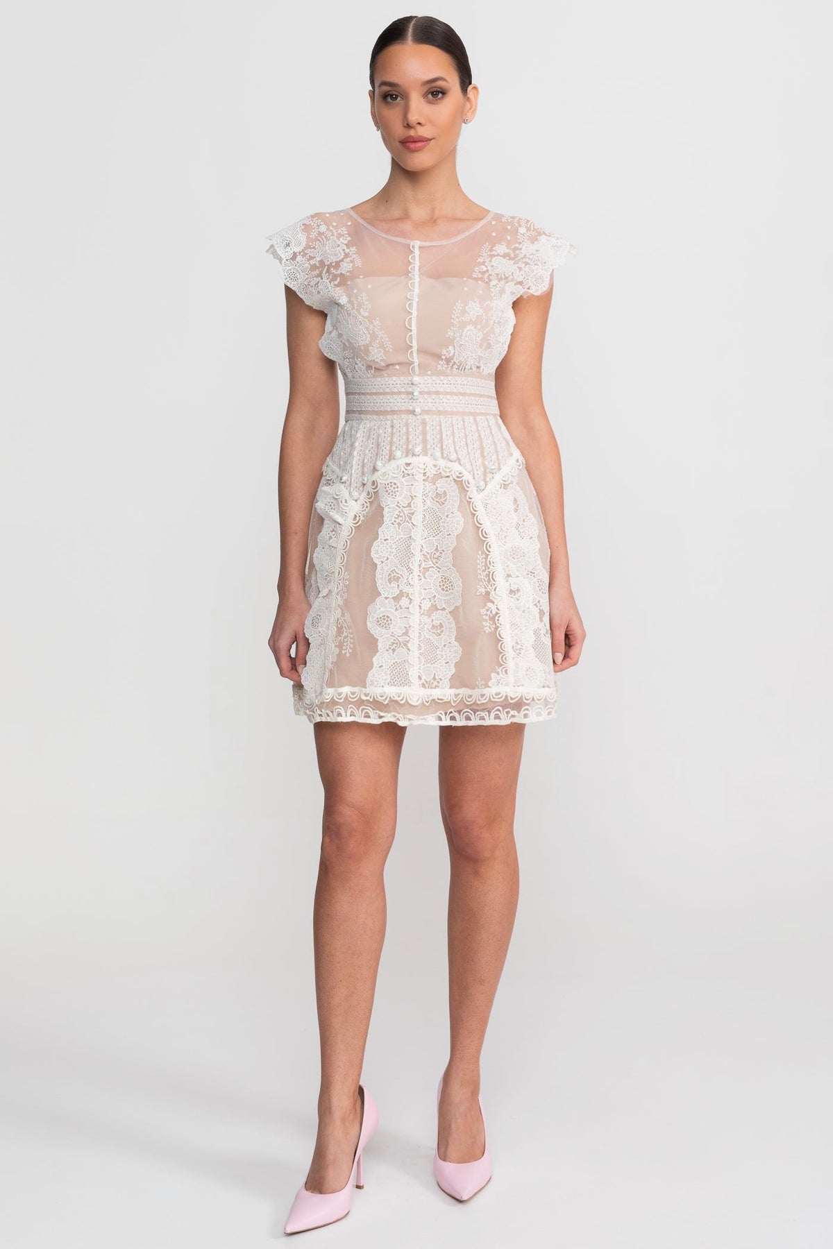 Lace Cap Sleeve Mini Dress with Sheer Yoke and Pearl Buttons – Ivory
