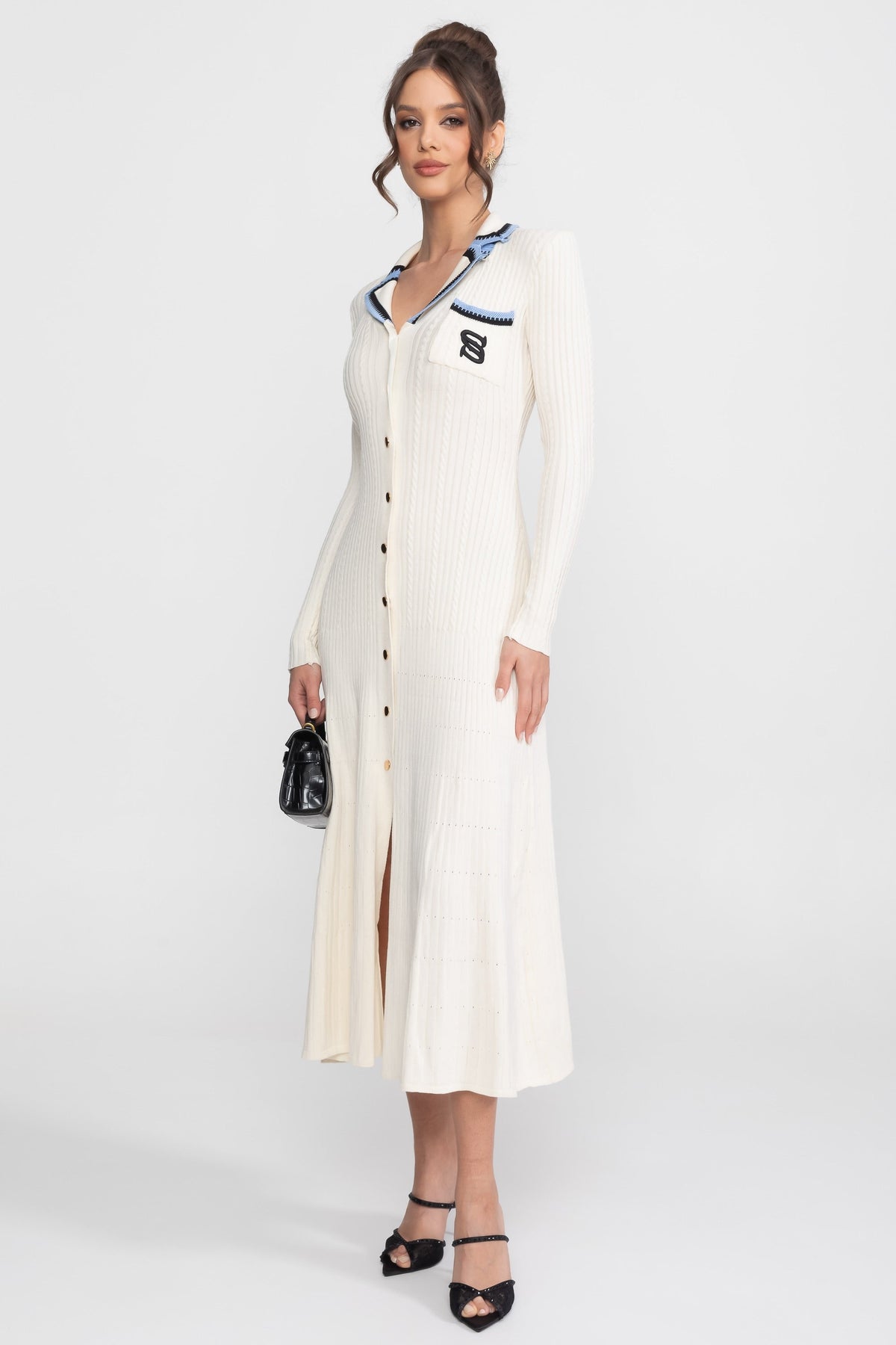 Ribbed Knit Polo Collar Long Sleeve Midi Dress with Monogram Pocket – Ivory – view 5