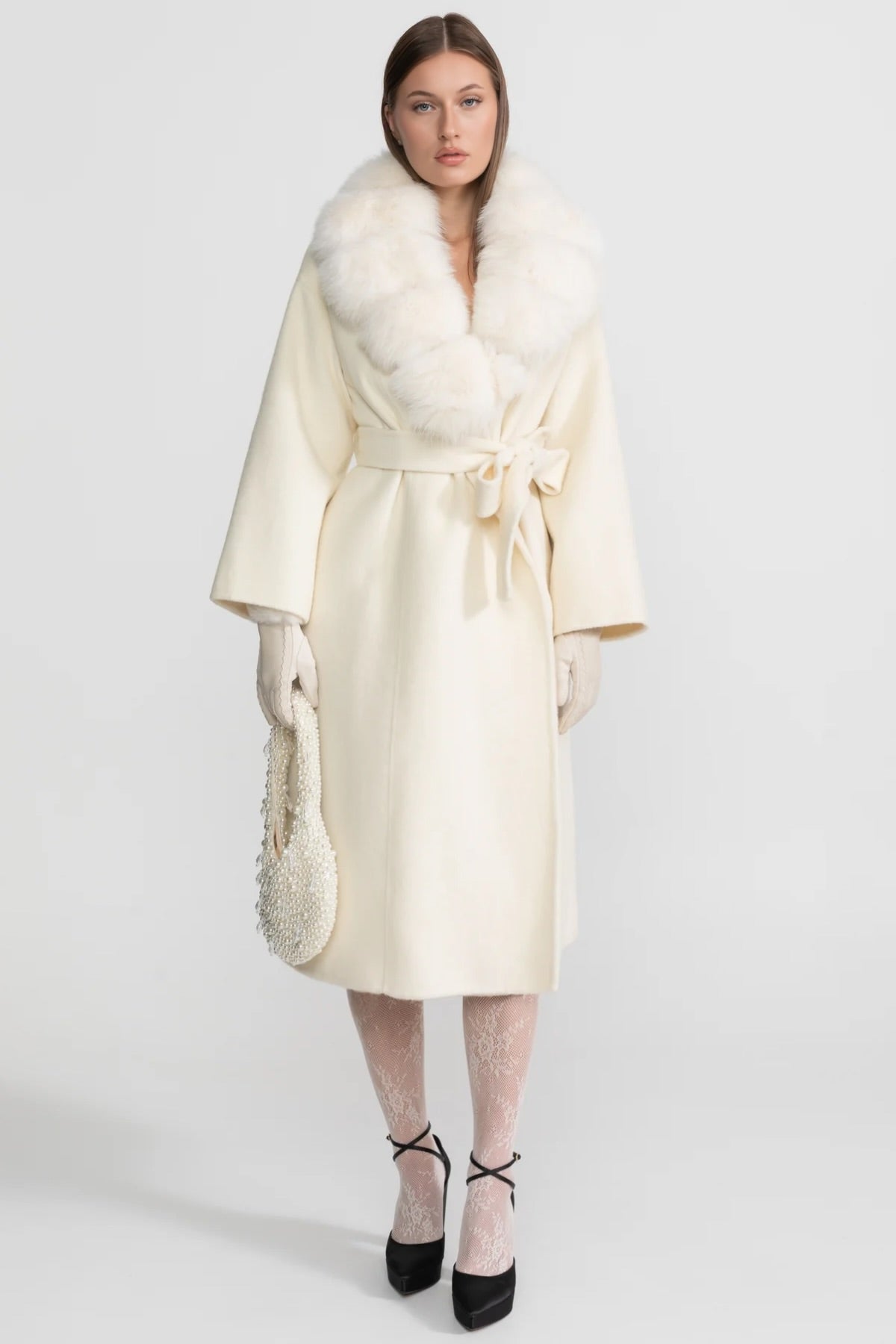 Double-Faced Wool Wrap Coat with Collar Trim and Tie Belt – Ivoire