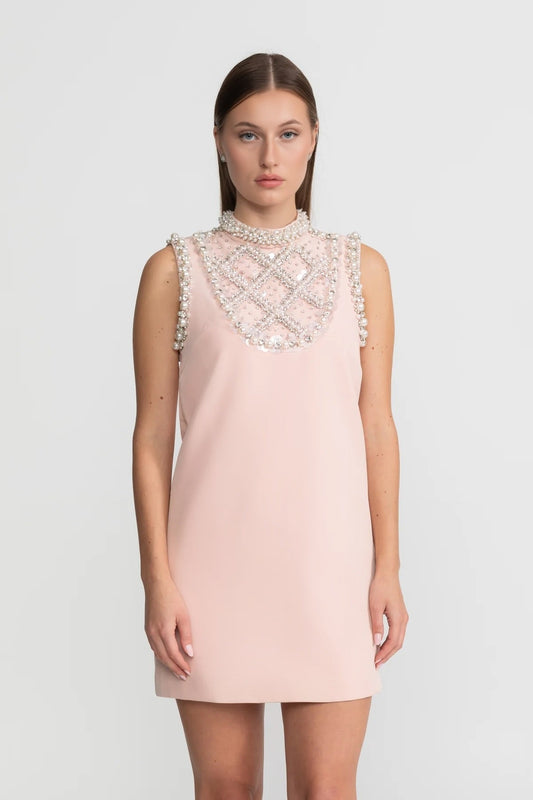 Pearl and Crystal Embellished High Neck Sleeveless Mini Dress – Blush Pink