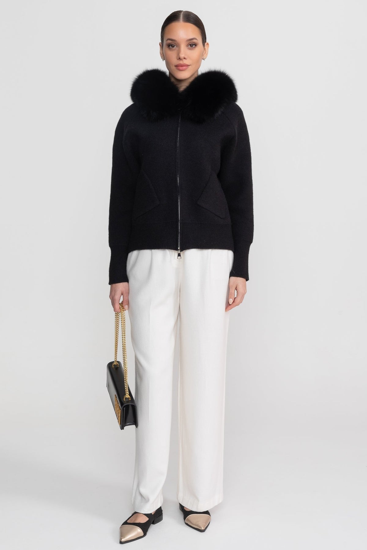 Zip-Up Wool Blend Knit Hoodie – Black – view 3