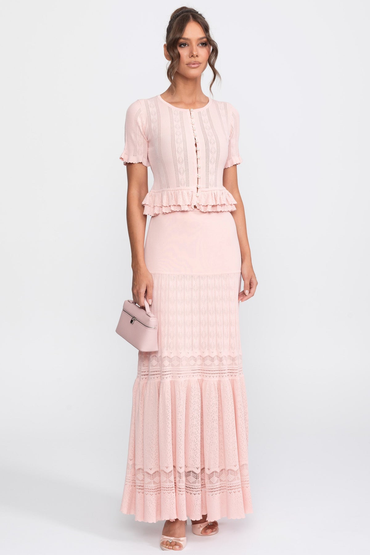 Ruffled Waist Knit Top and Maxi Skirt Set with Pearl Buttons – Pink – view 1