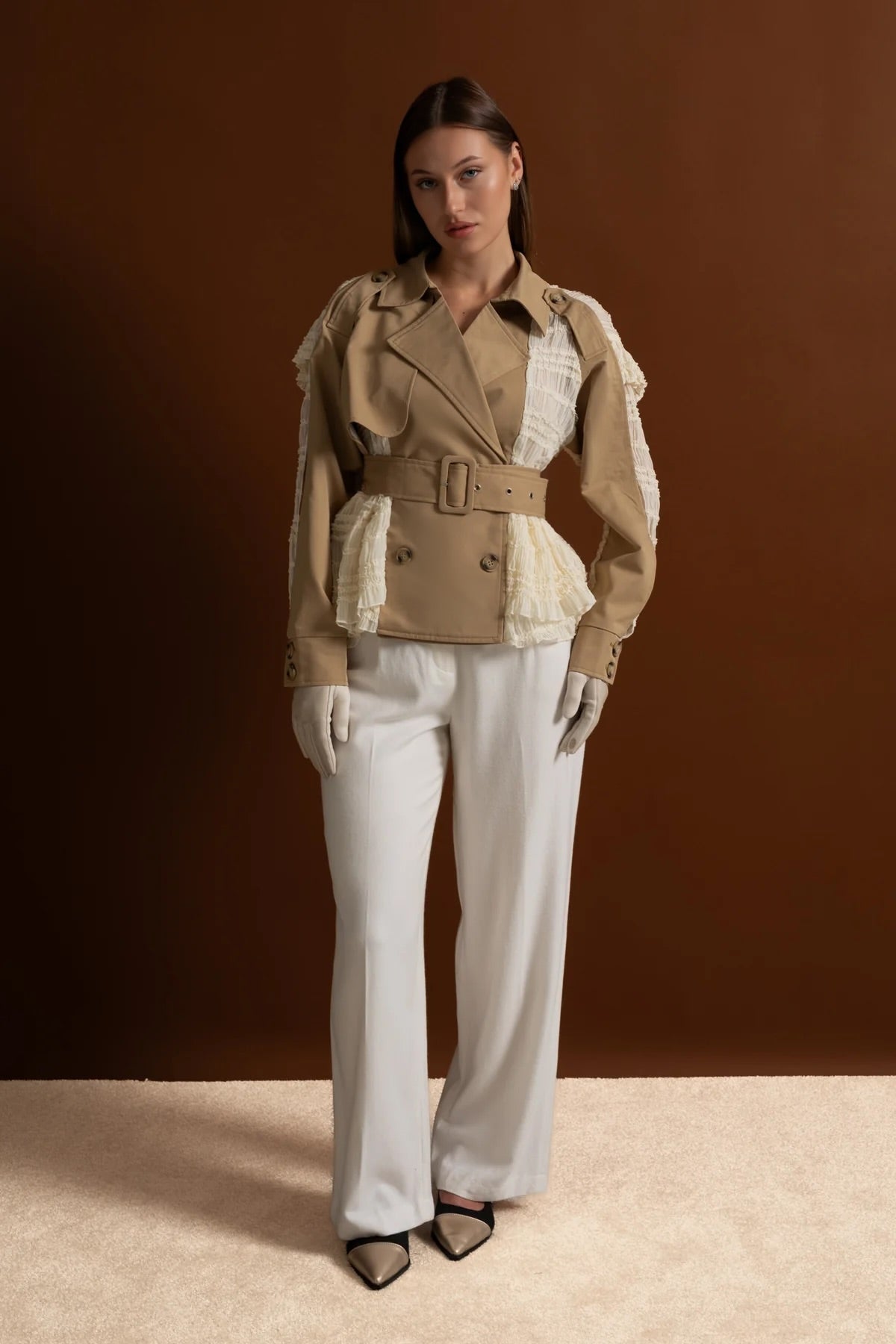 Double-Breasted Lace Panel Trench Jacket with Buckled Belt – Beige