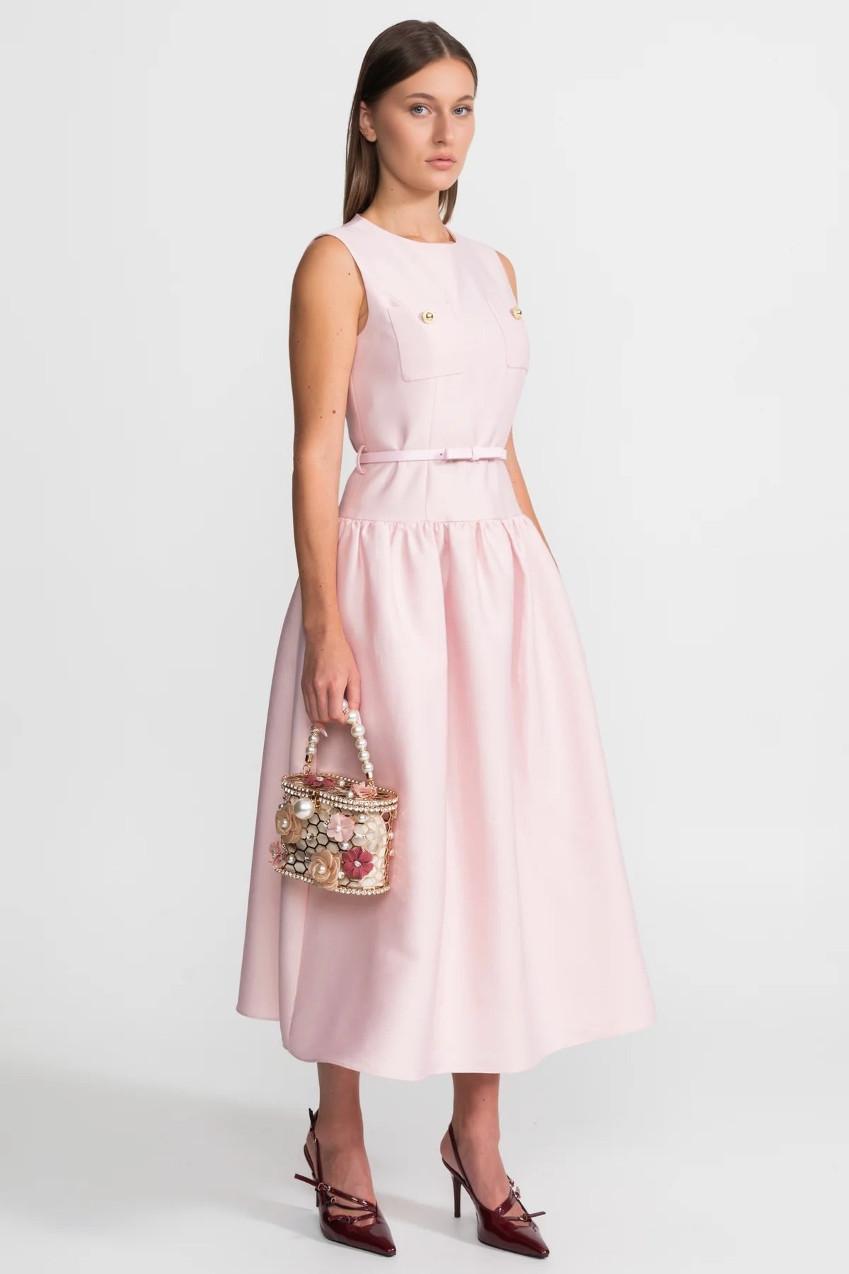 Satin Sleeveless Midi Dress with Belted Waist and Flap Pockets – Blush Pink – view 2