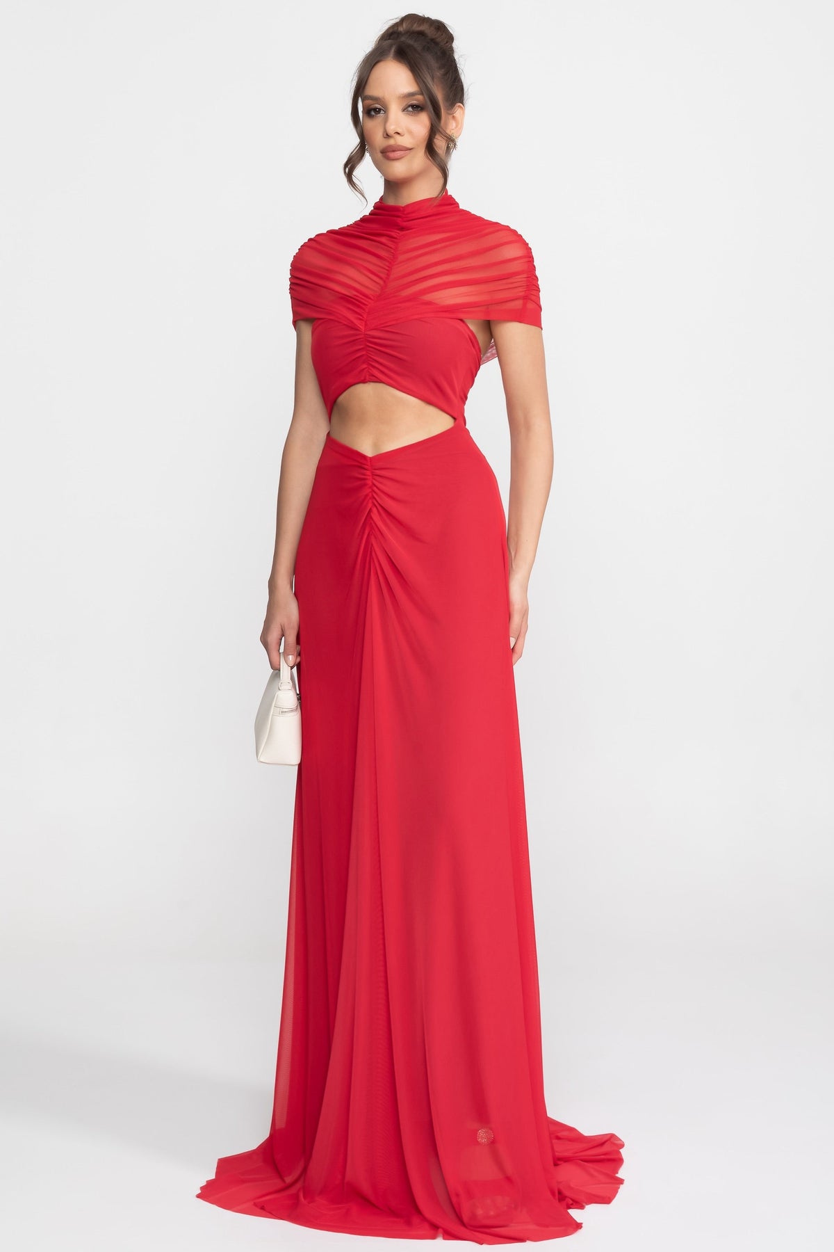 Ruched Off-the-Shoulder Cape Maxi Dress with Cut-Out Waist – Crimson – view 2