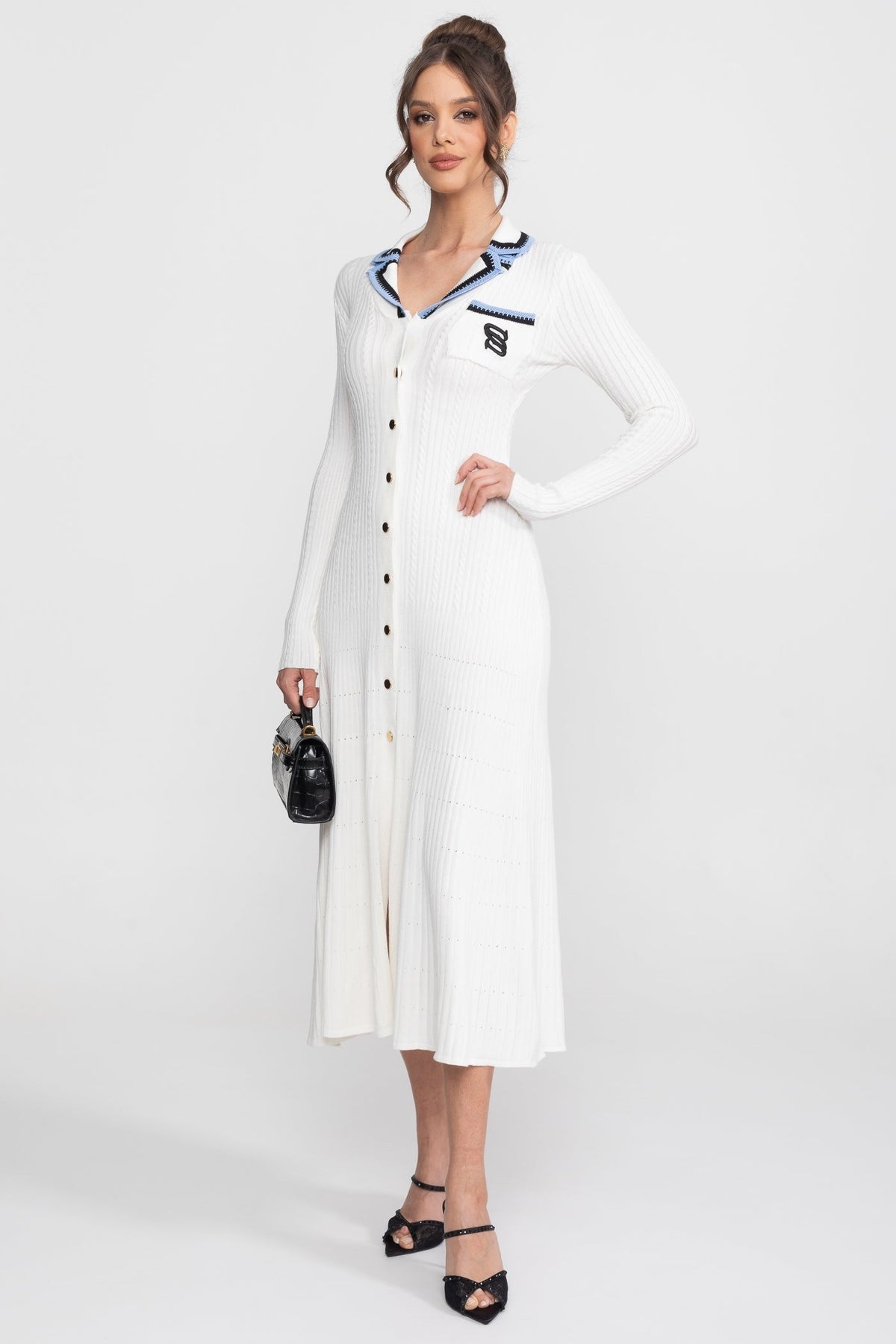 Ribbed Knit Polo Collar Long Sleeve Midi Dress with Monogram Pocket – White