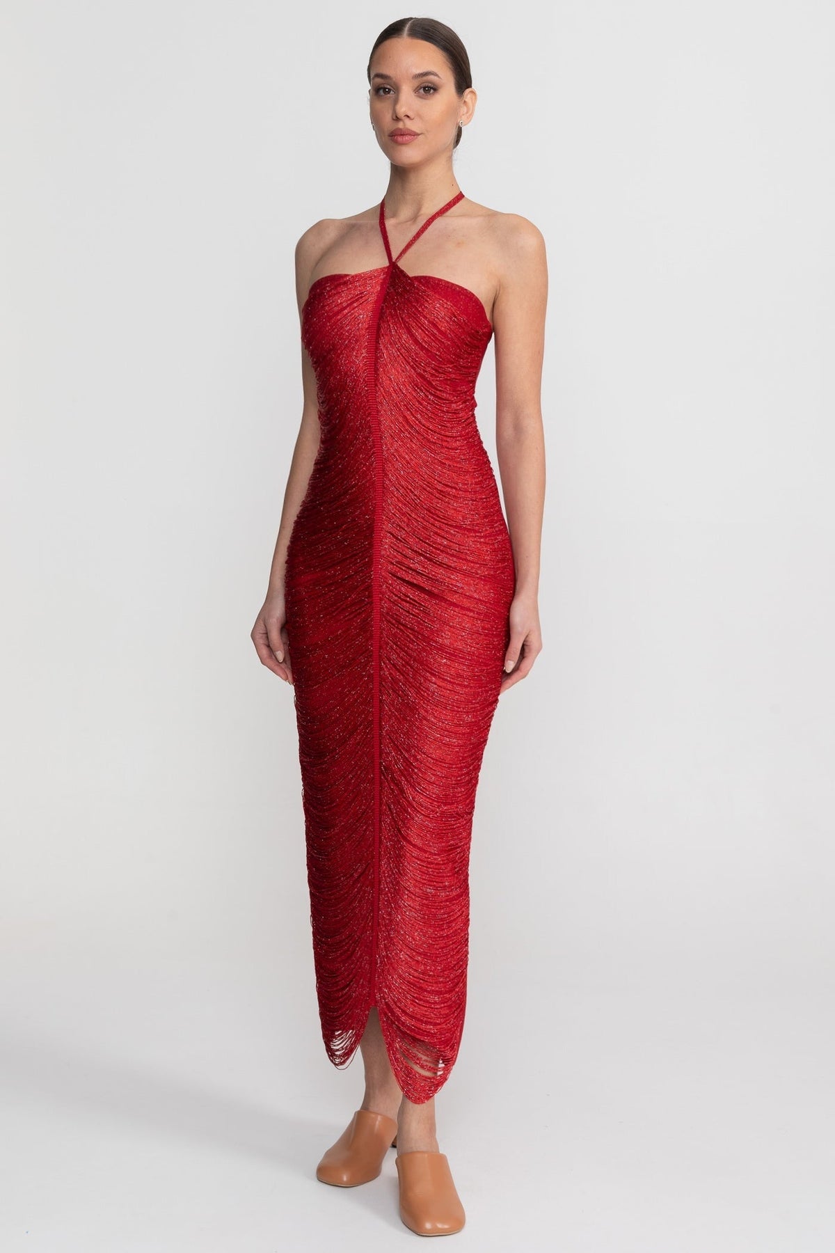 Pleated Halter Neck Body-Contouring Dress with Front Slit – Red – view 3