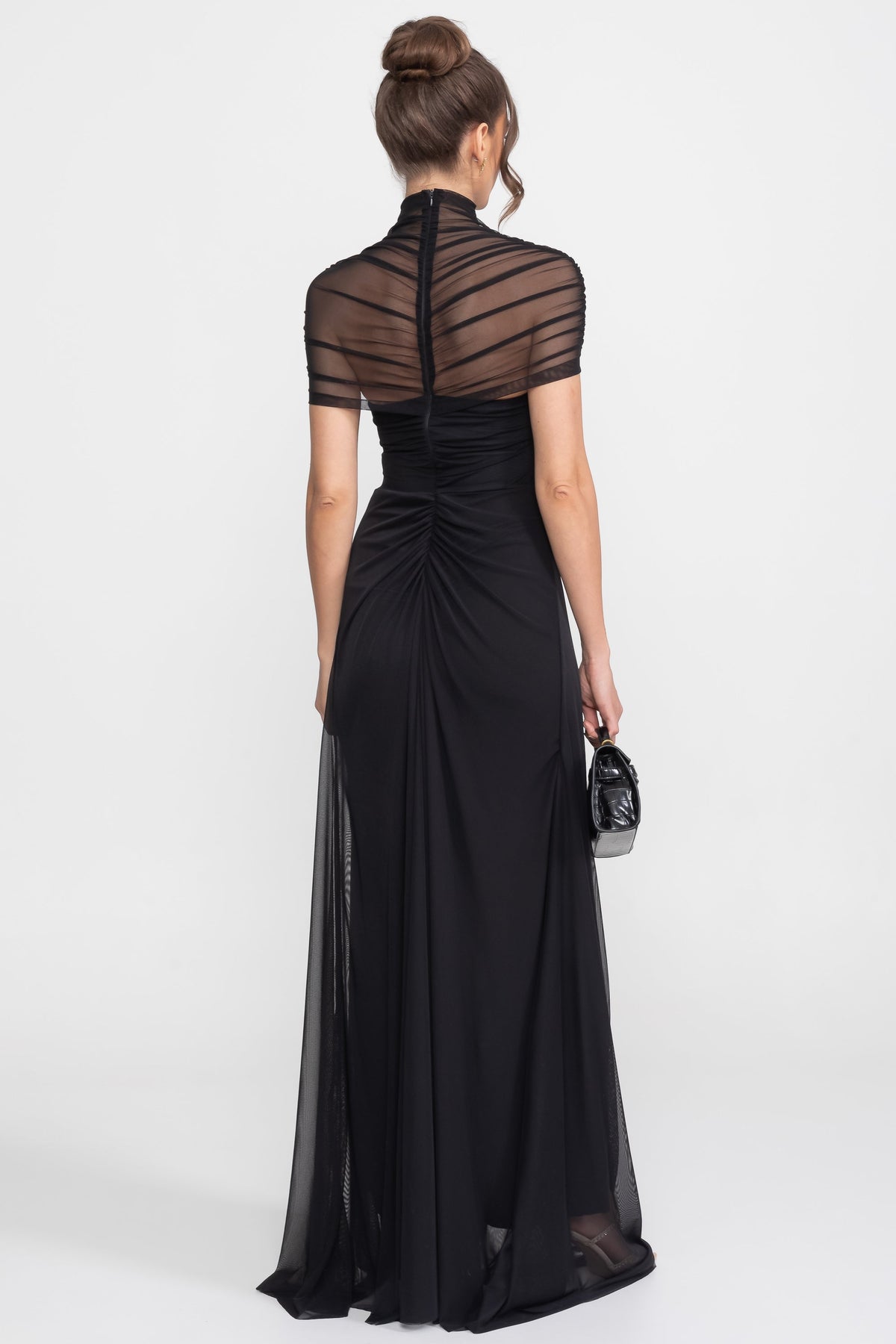 Ruched Off-the-Shoulder Cape Maxi Dress with Cut-Out Waist – Black – view 4
