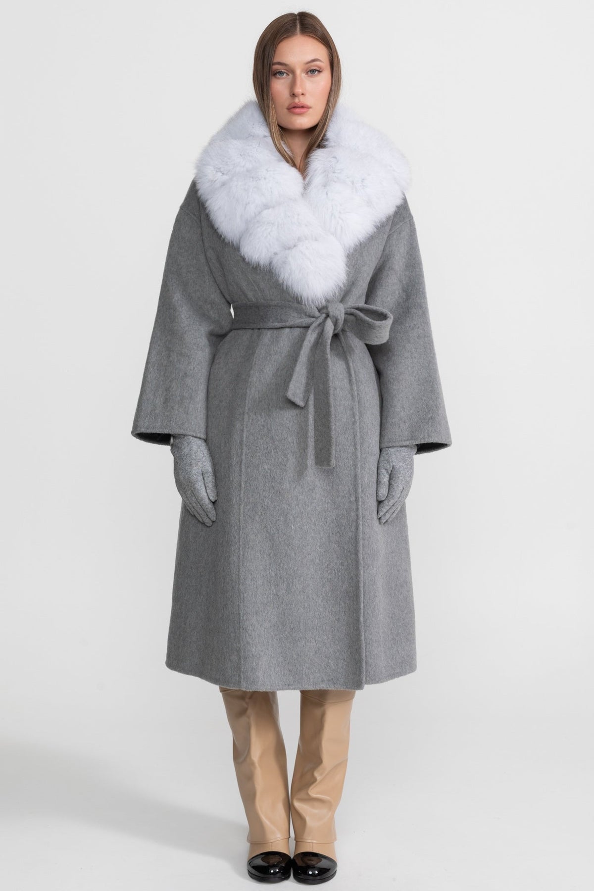 Double-Faced Wool Wrap Coat with Collar Trim and Tie Belt – Grey – view 2
