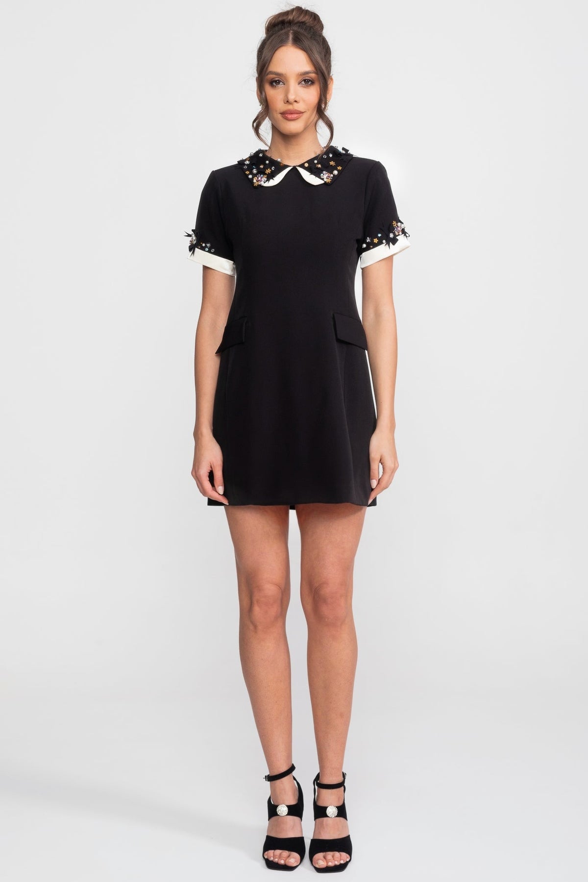 Crystal Embellished Peter Pan Collar A-Line Mini Dress with Jewel Cuffs – Black