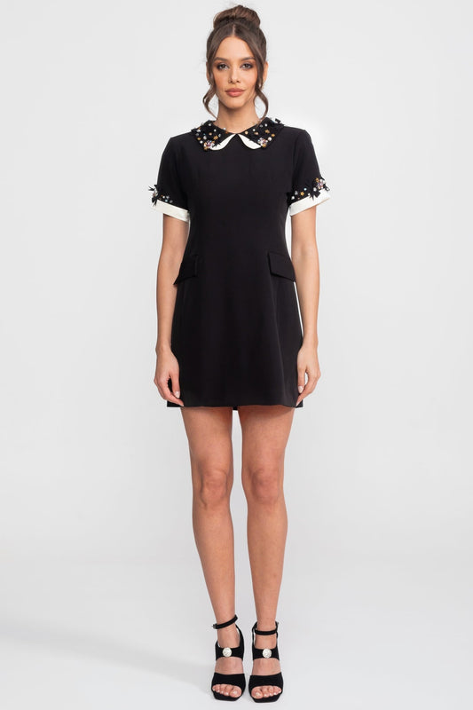 Crystal Embellished Peter Pan Collar A-Line Mini Dress with Jewel Cuffs – Black