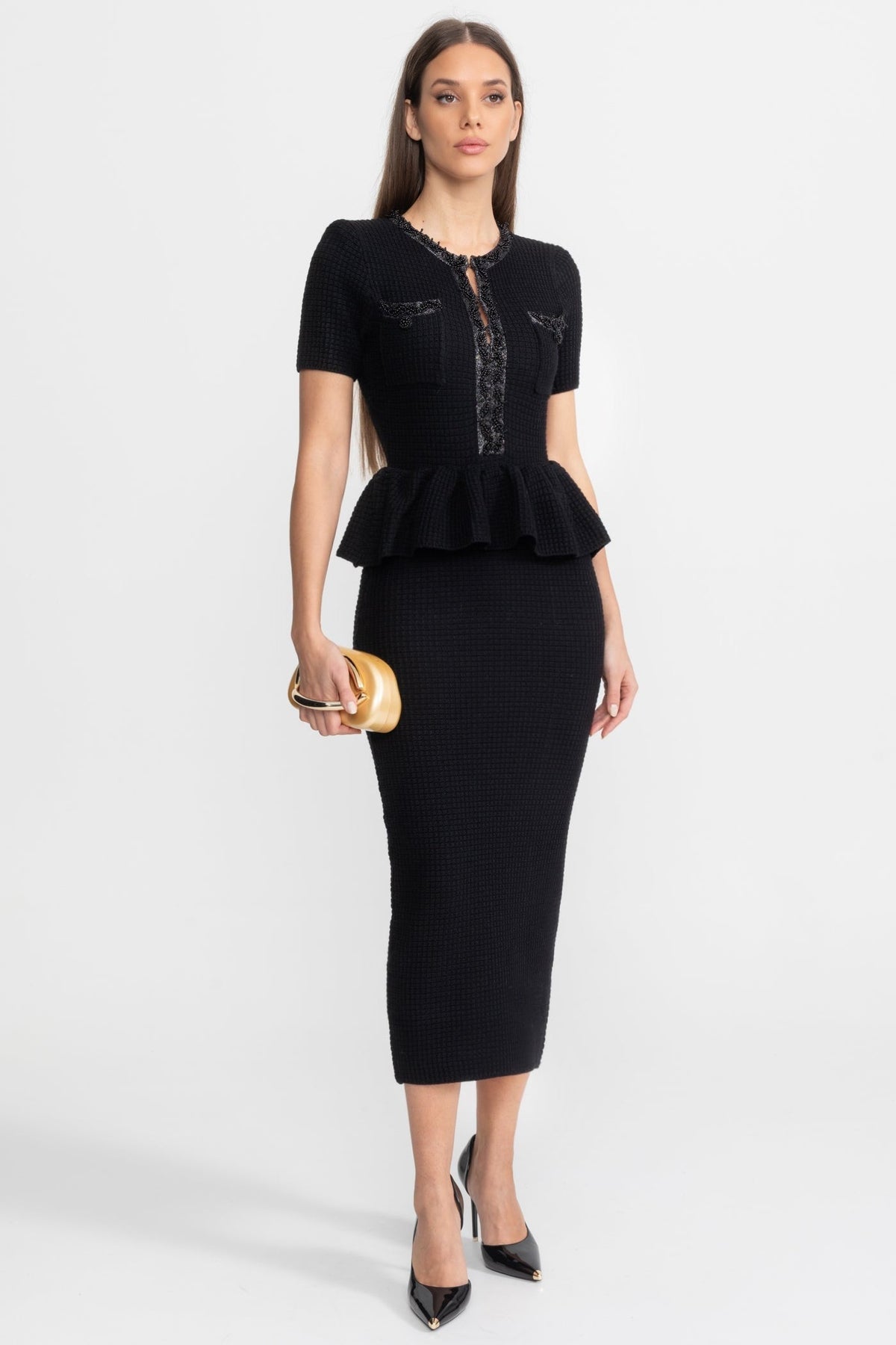 Textured Knit Peplum Midi Dress with Trim Detail – Black – view 3
