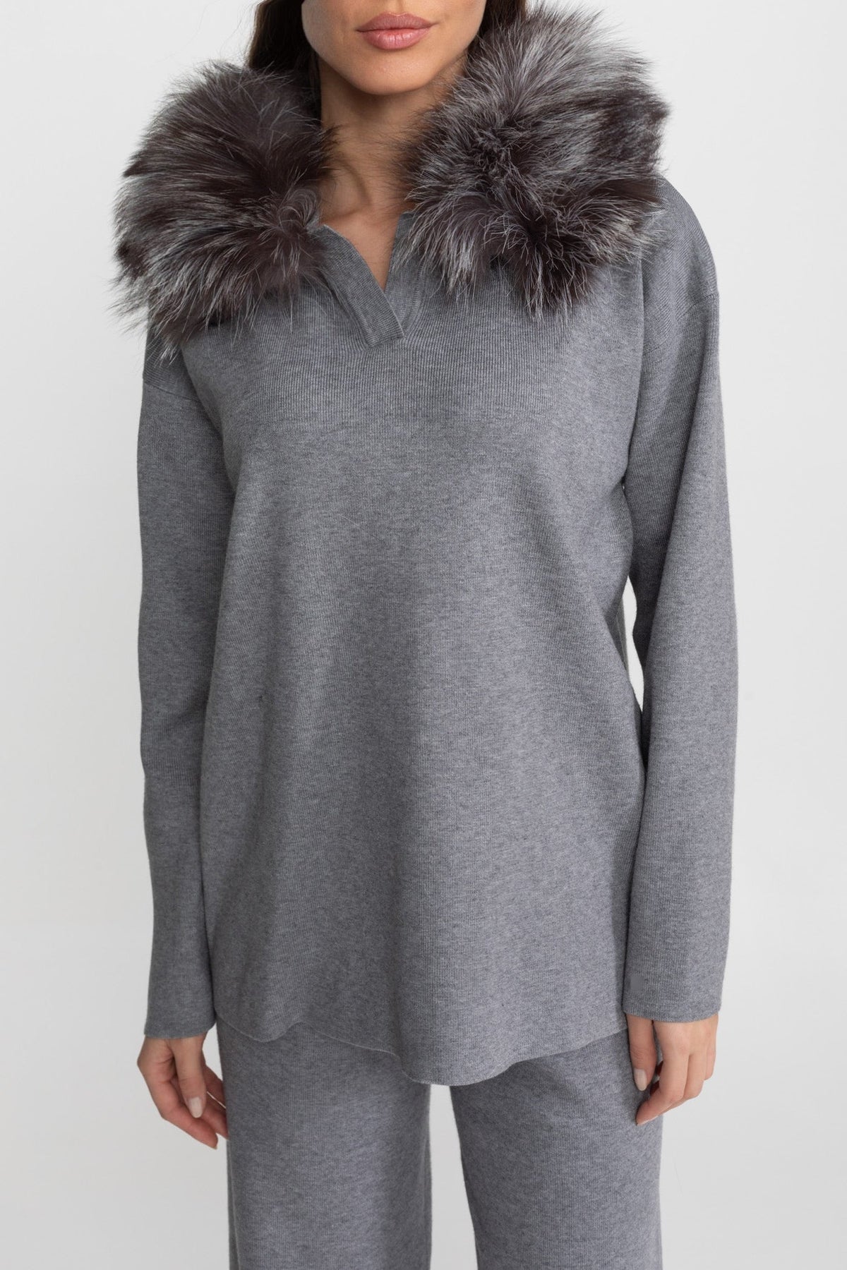 Knit Lounge Top and Straight Leg Trousers Set – Grey – view 4
