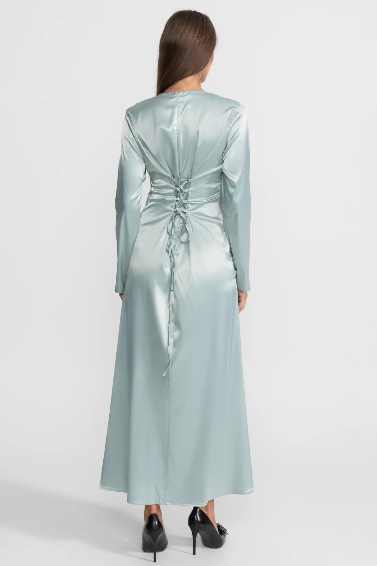 Satin Long Sleeve Midi Dress with Draped Knot Front – Teal – view 2