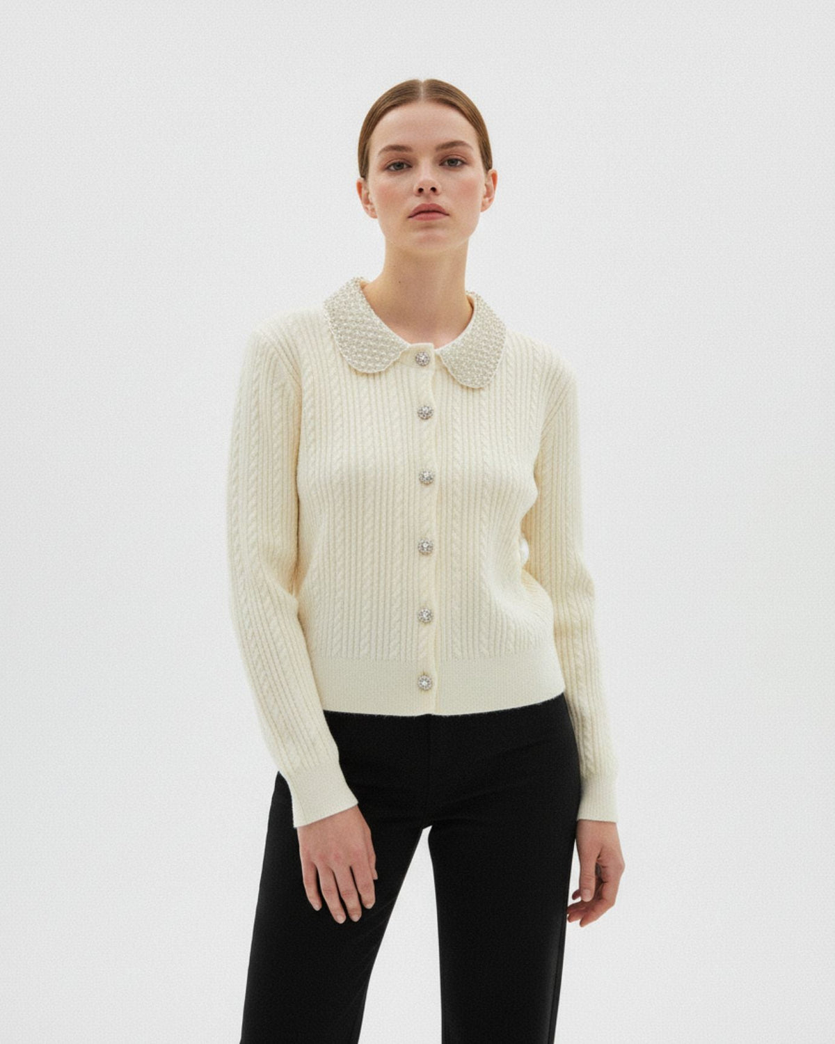 French Style V-Neck Cardigan with Mother-of-Pearl Buttons – view 2