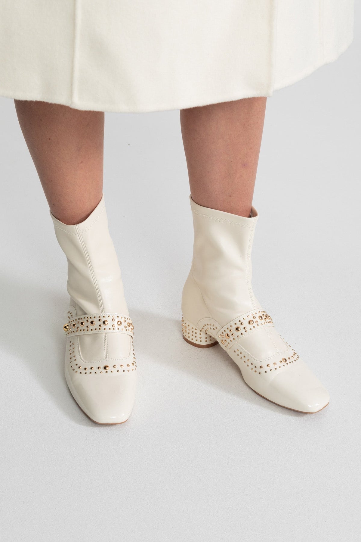 Studded Patent Ankle Boots with Adjustable Strap – Ivory