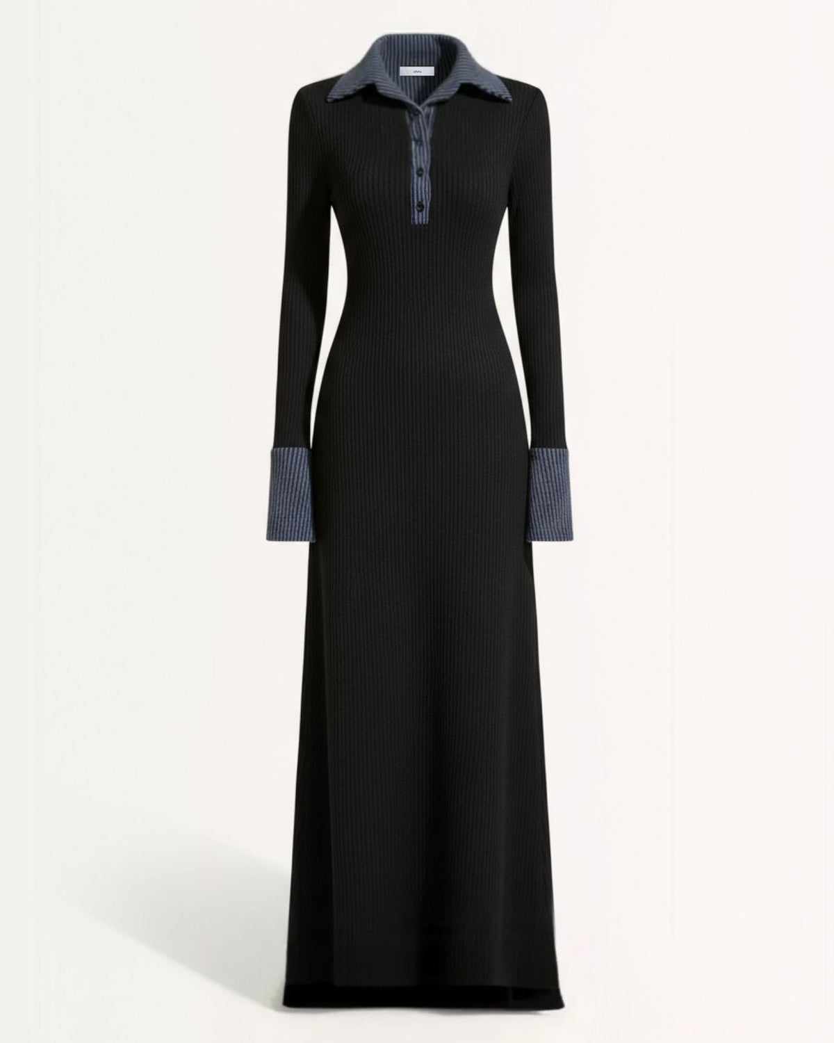Retro Long Sleeve Polo Stretch Dress – Black with Blue Collar – Black Blue Collar – view 1