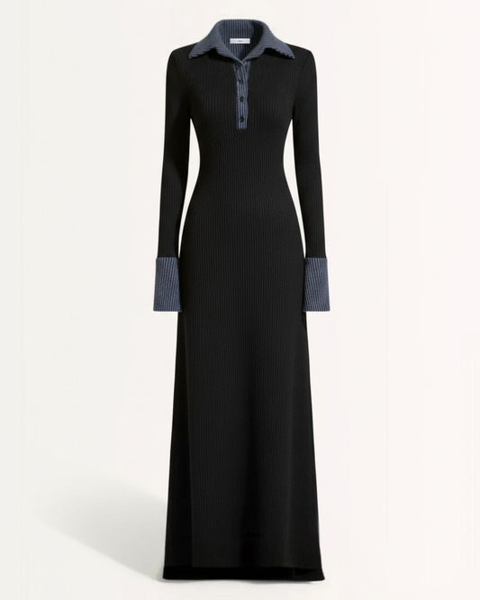 Retro Long Sleeve Polo Stretch Dress – Black with Blue Collar