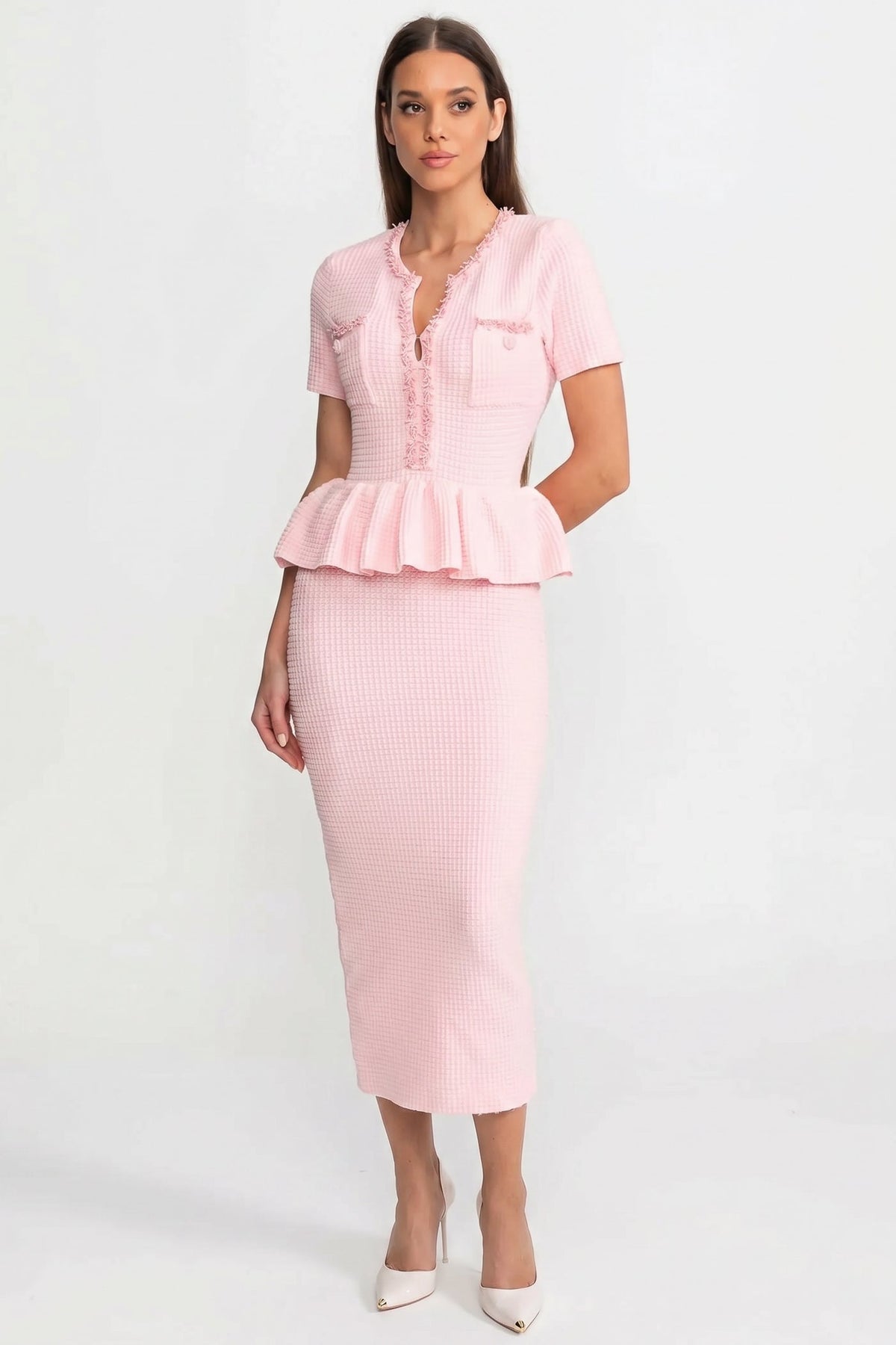 Short Sleeve Textured Knit Midi Dress with Peplum Waist – Baby Pink – view 1