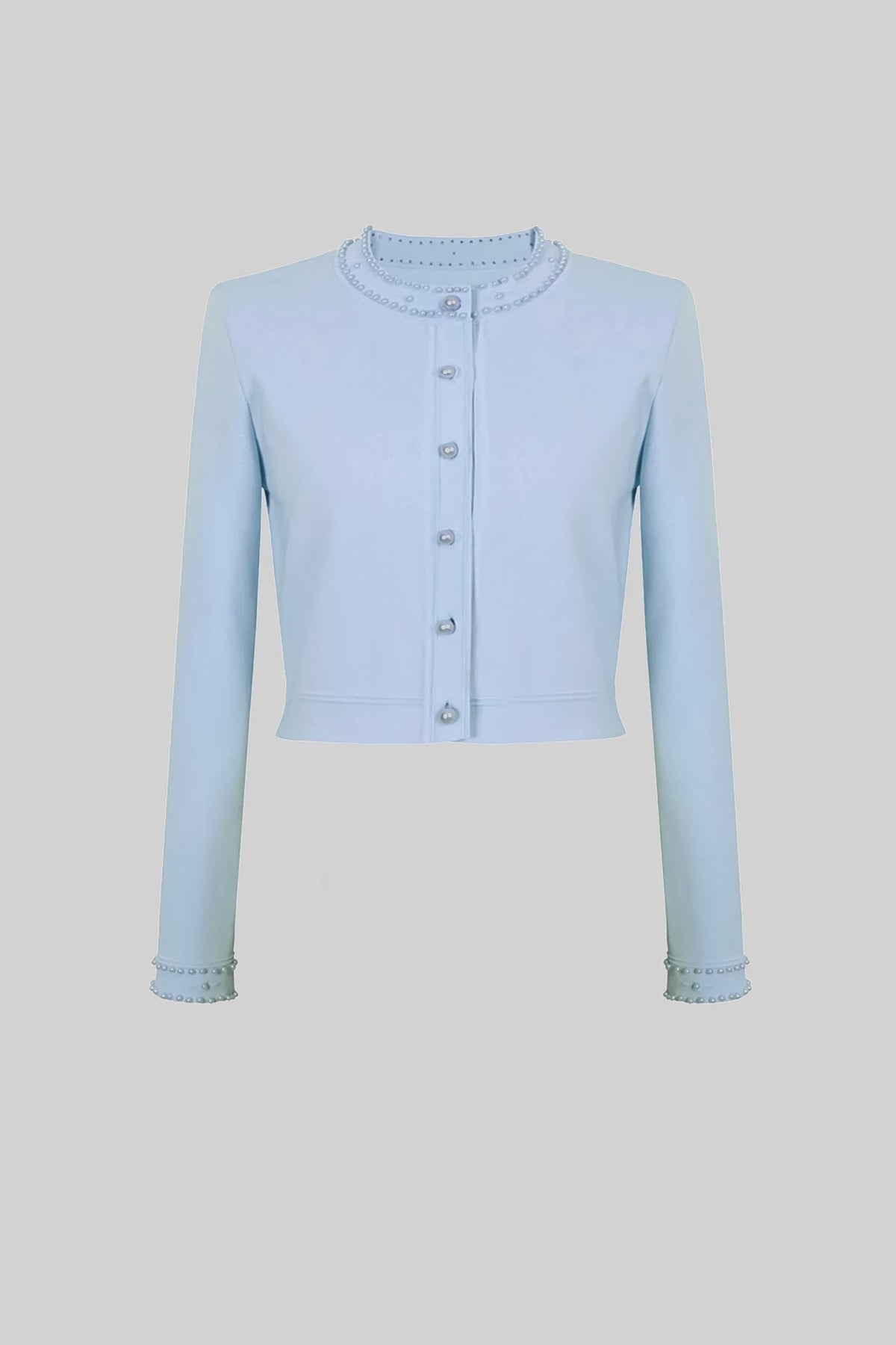 Cropped Knit Cardigan with Pearl Buttons and Embellishments – Blue – view 5