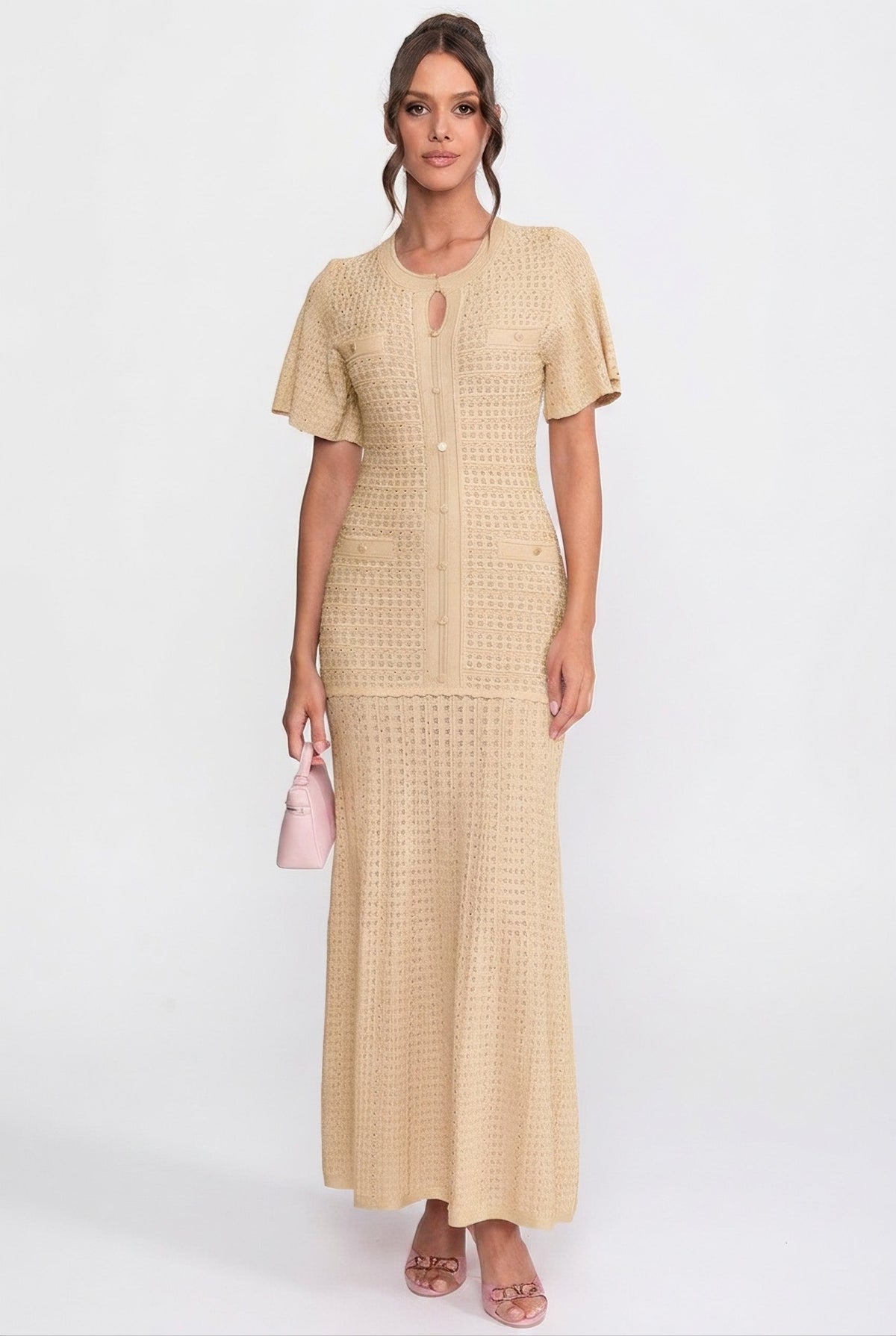 Shimmer Knit Button Front Midi Dress with Pleated Skirt – Beige – view 1